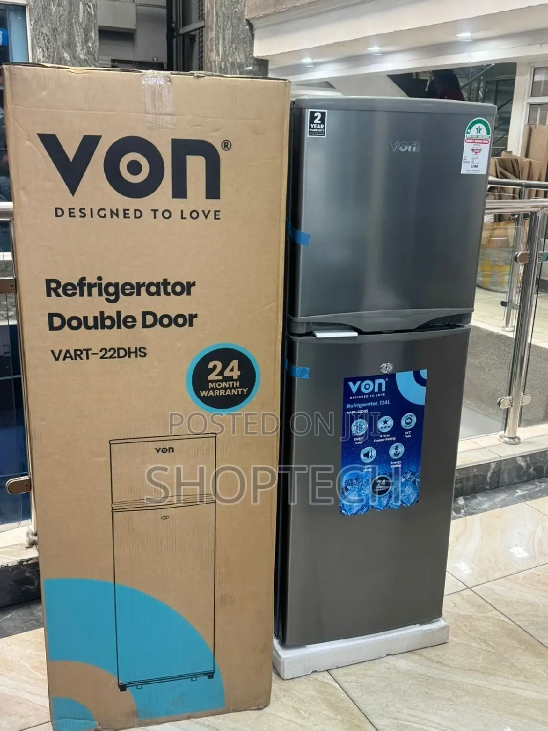 Von VART-22DHS Double Door Fridge 138L - Silver