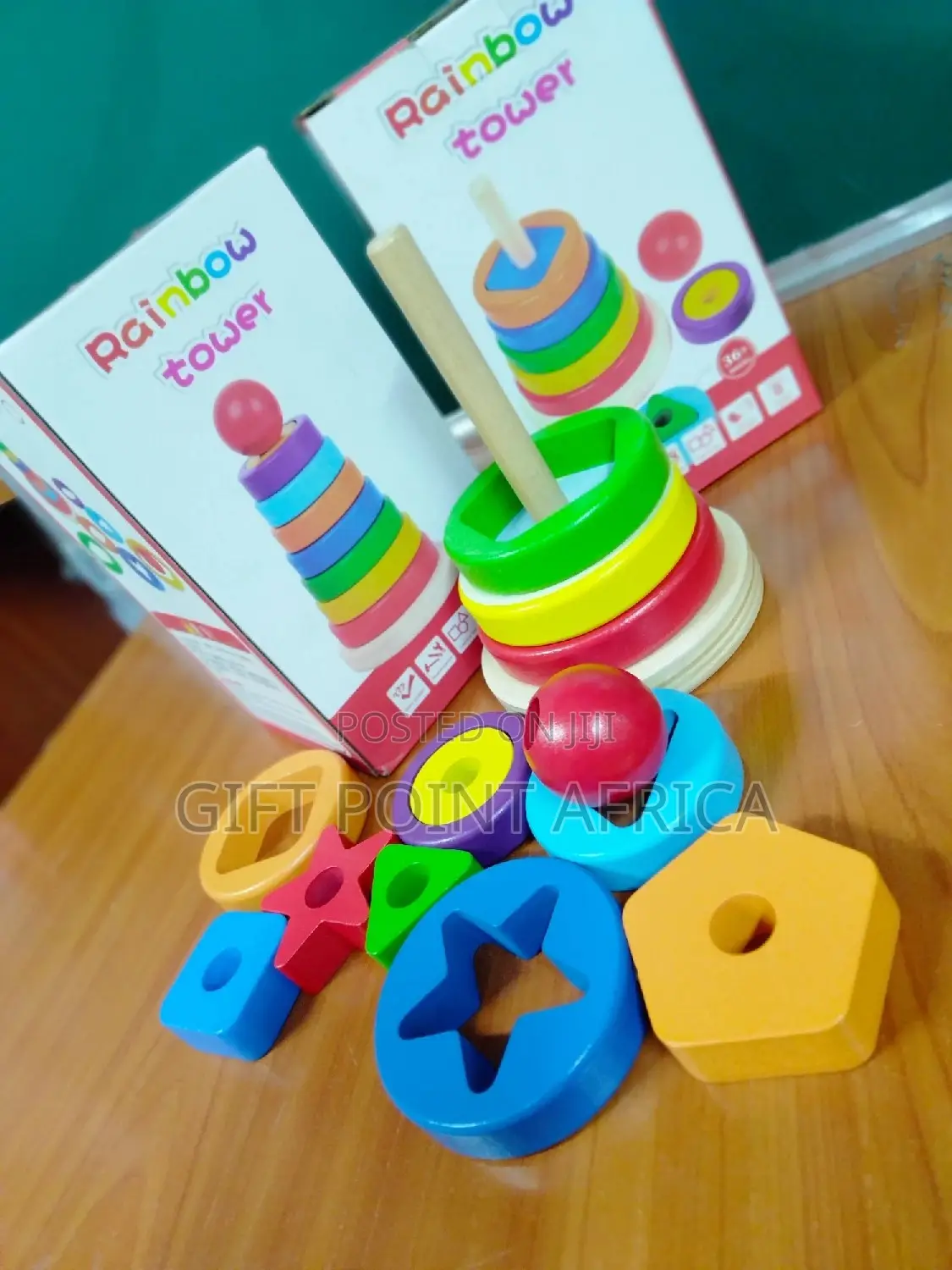 Stacking Wooden Rainbow Towers With Shapes for Kids