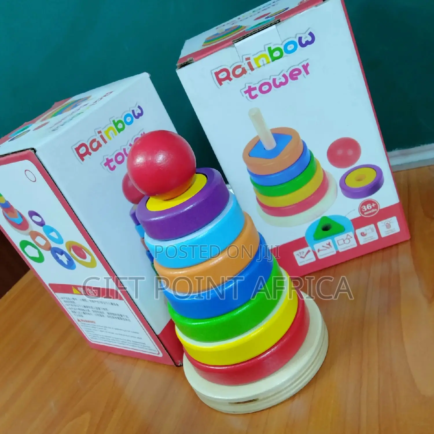 Stacking Wooden Rainbow Tower With Shapes for Kids