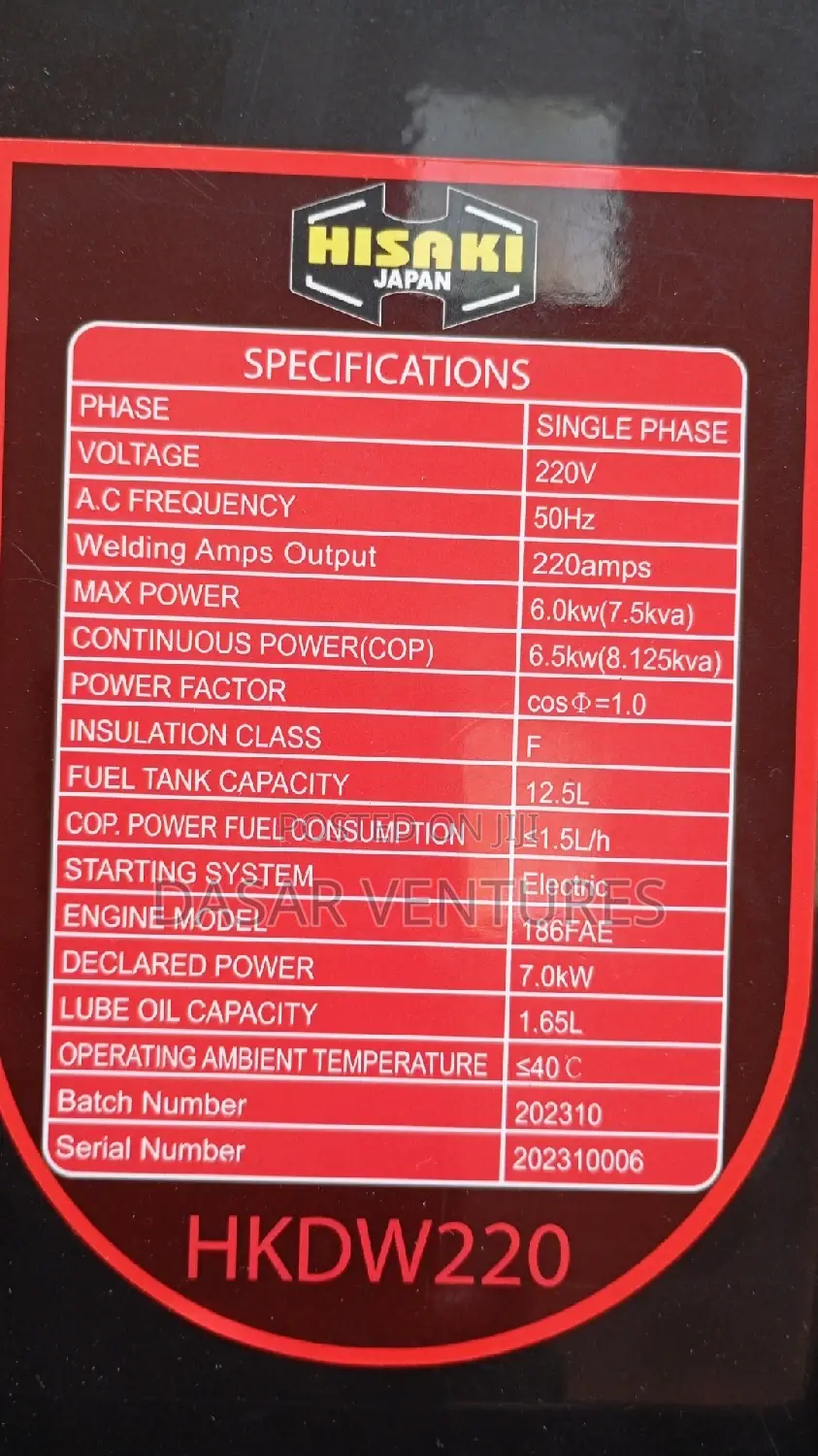 Hisaki Welding Generator 8kva - 220amps