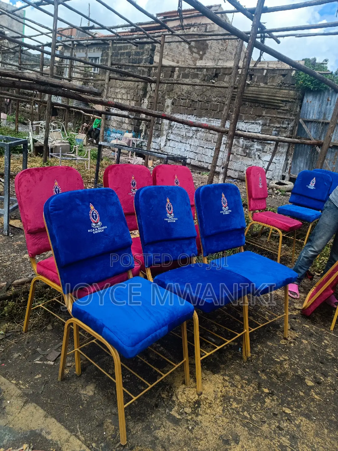 Church Chairs, Blue and Red With Logo 