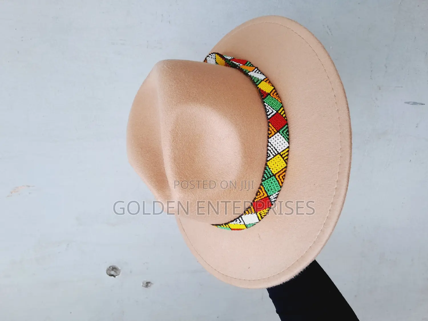 Beige Wide Brim Beaded Fedora Hat