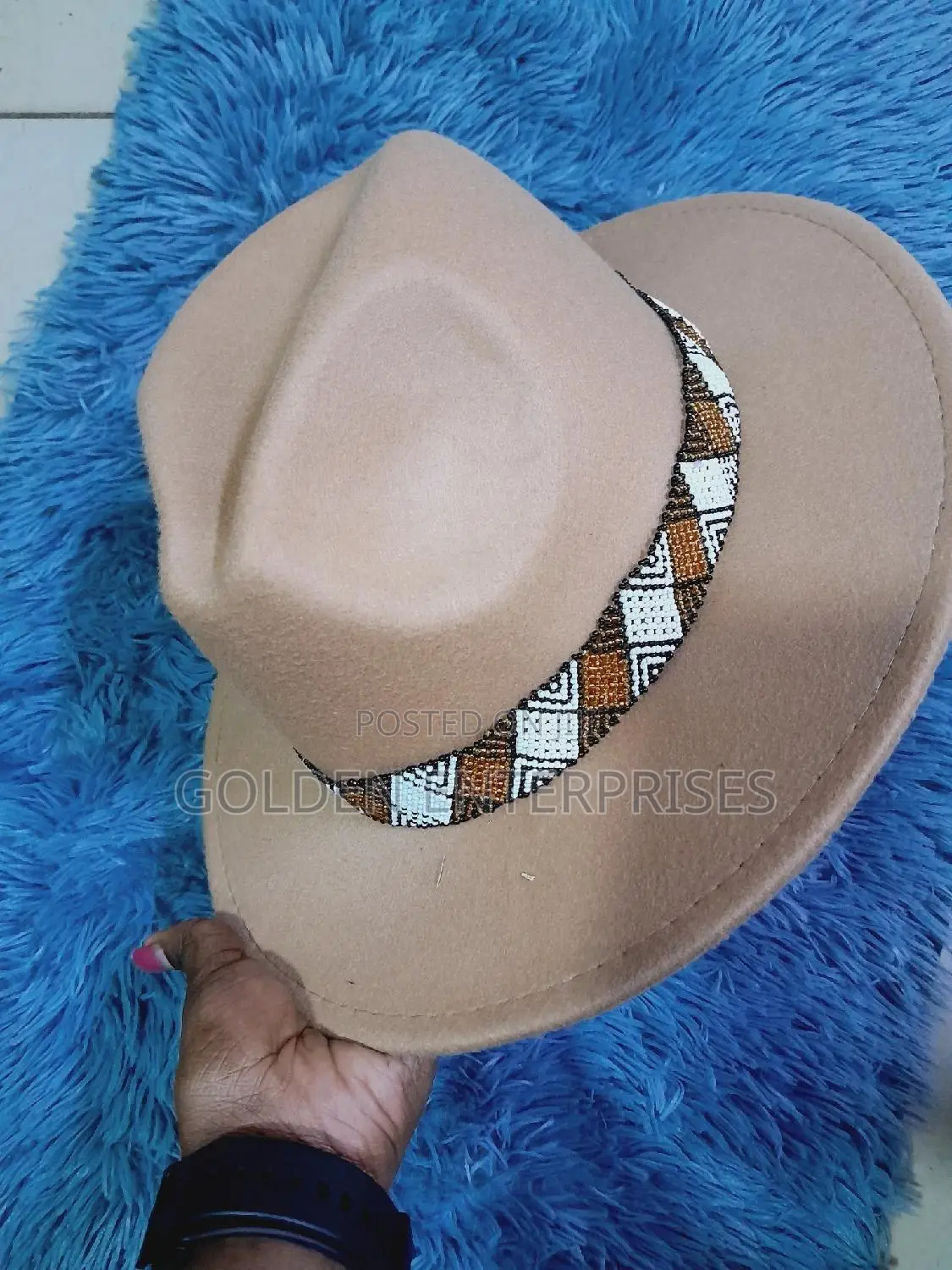 Beige Wide Brim Beaded Fedora Hat