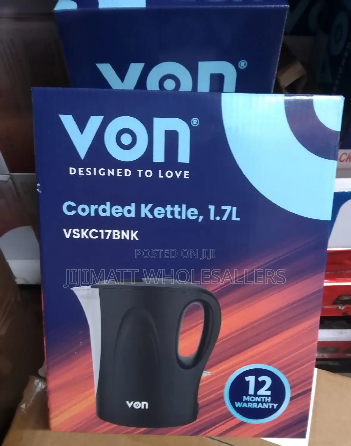 Von Corded Electric Kettle Water Kettle 1.7L Black.