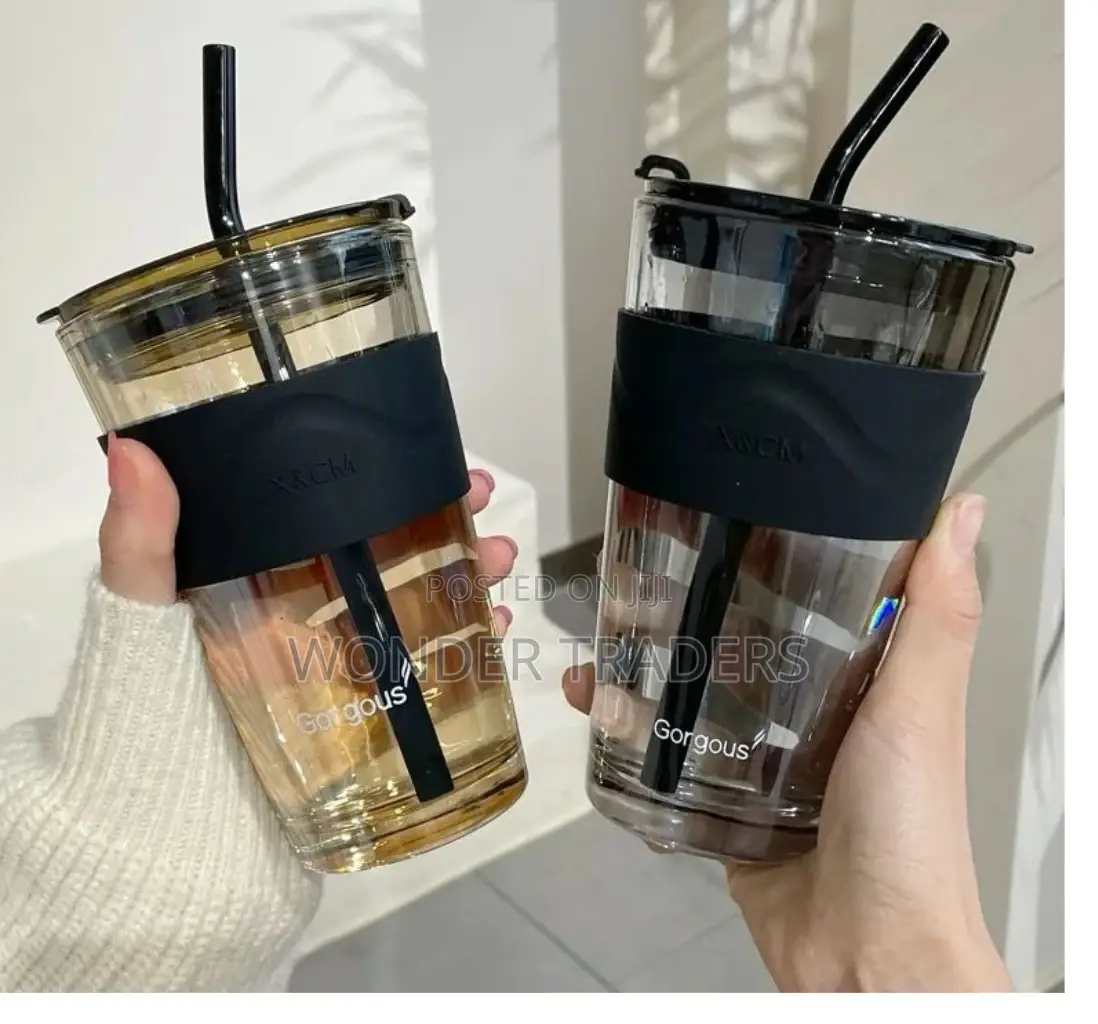 *450ml Glass Tumbler/Cup With Straw and Leather Protective