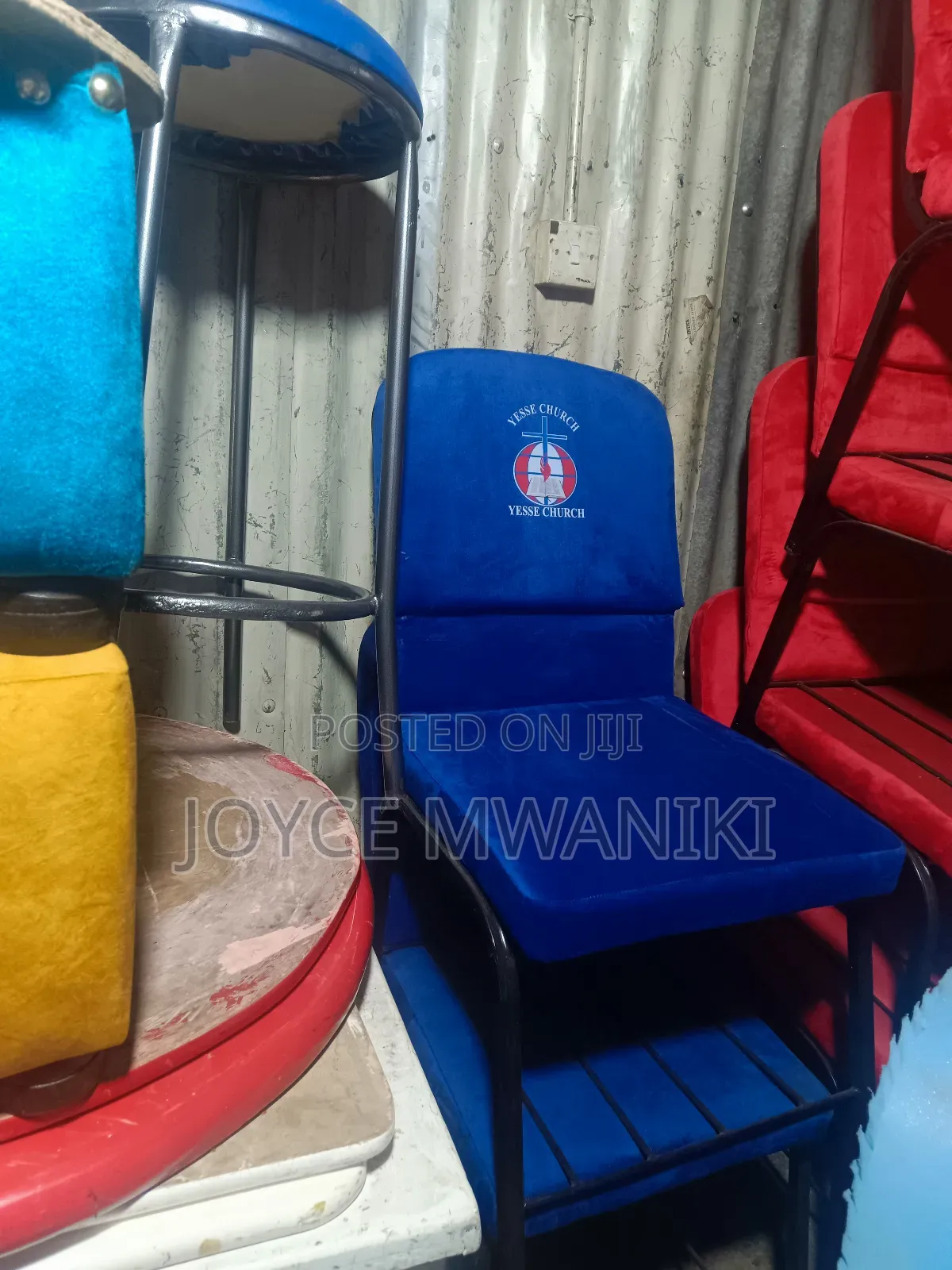 Church Chair, Blue Velvet With Logo 