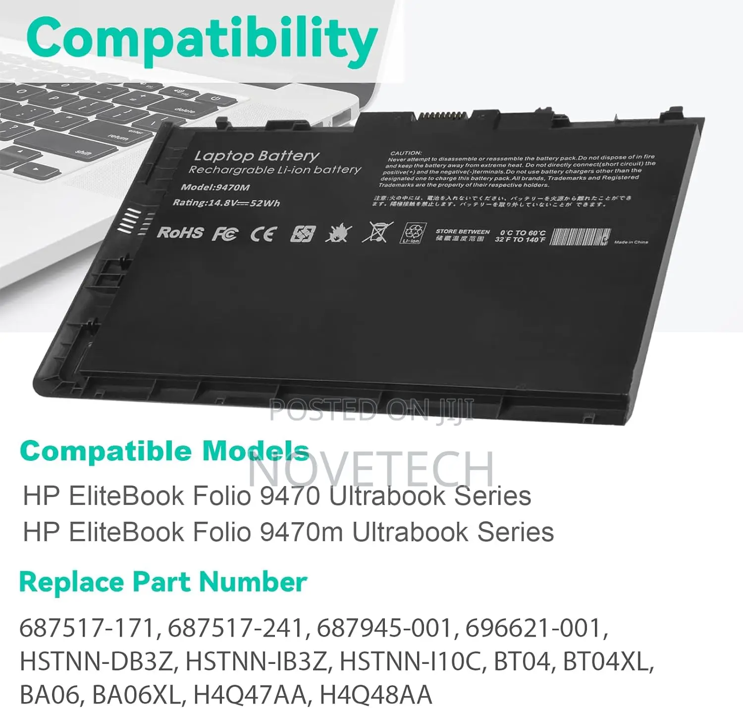 BT04XL Laptop Battery HP Elitebook Folio 9470 9480 9470M