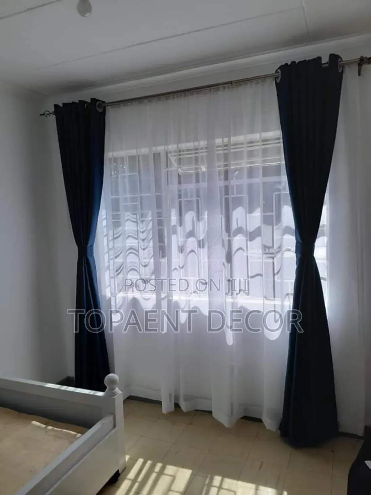Dark Blue Window Curtain and White Sheers