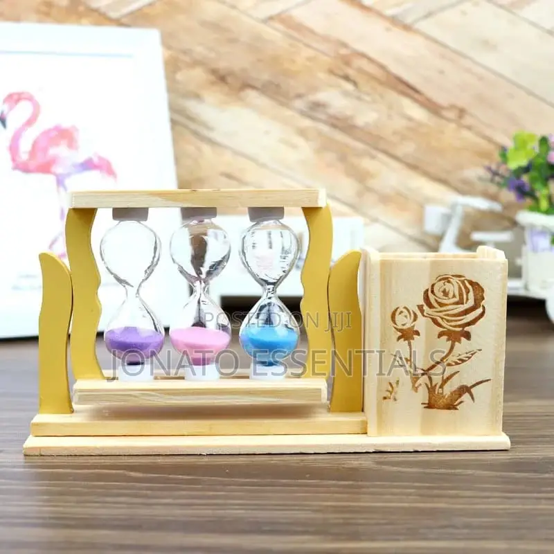 Handicraft Wooden Pen Stand With 3 Hourglass Timer