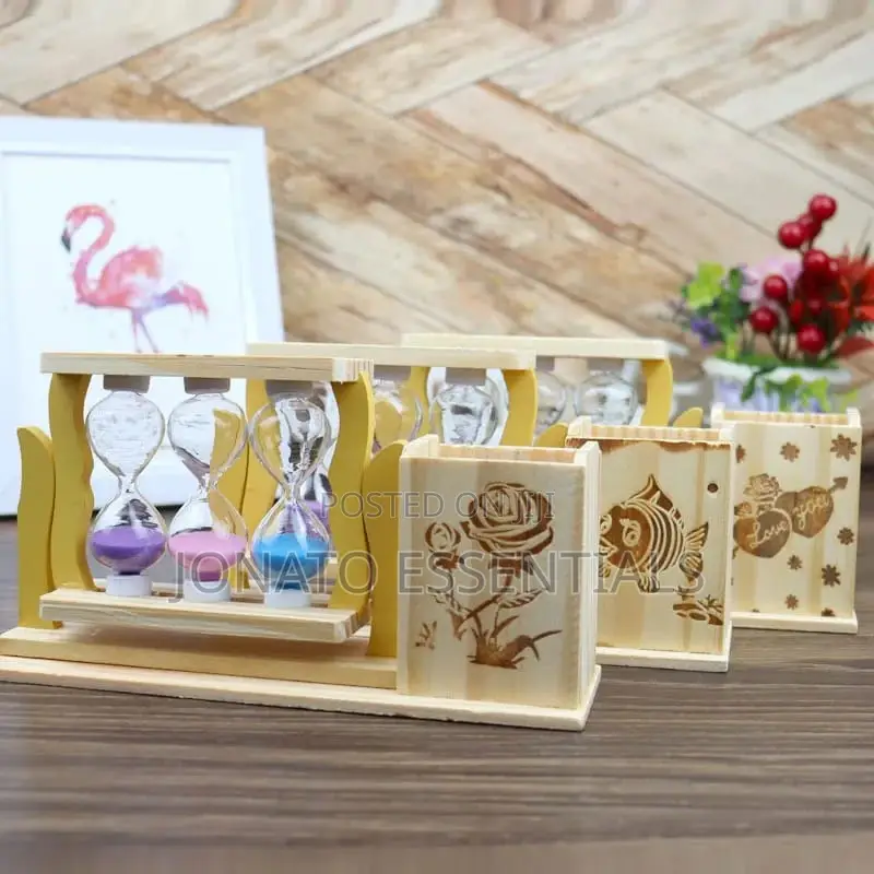 Handicraft Wooden Pen Stand With 3 Hourglass Timer