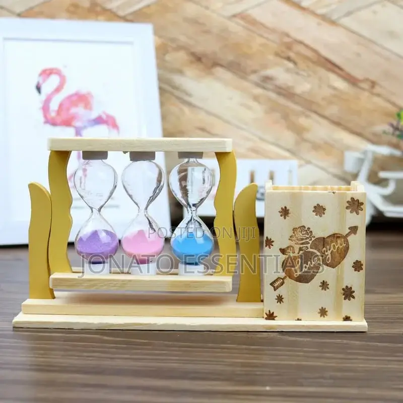 Handicraft Wooden Pen Stand With 3 Hourglass Timer