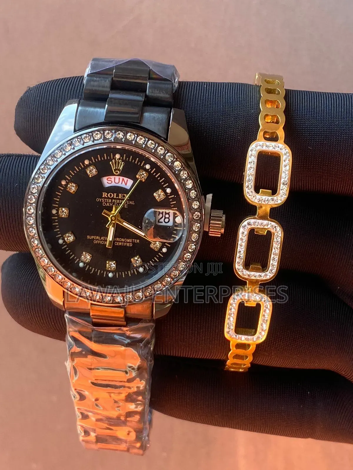 Iced Bracelet and Rolex Watch Set