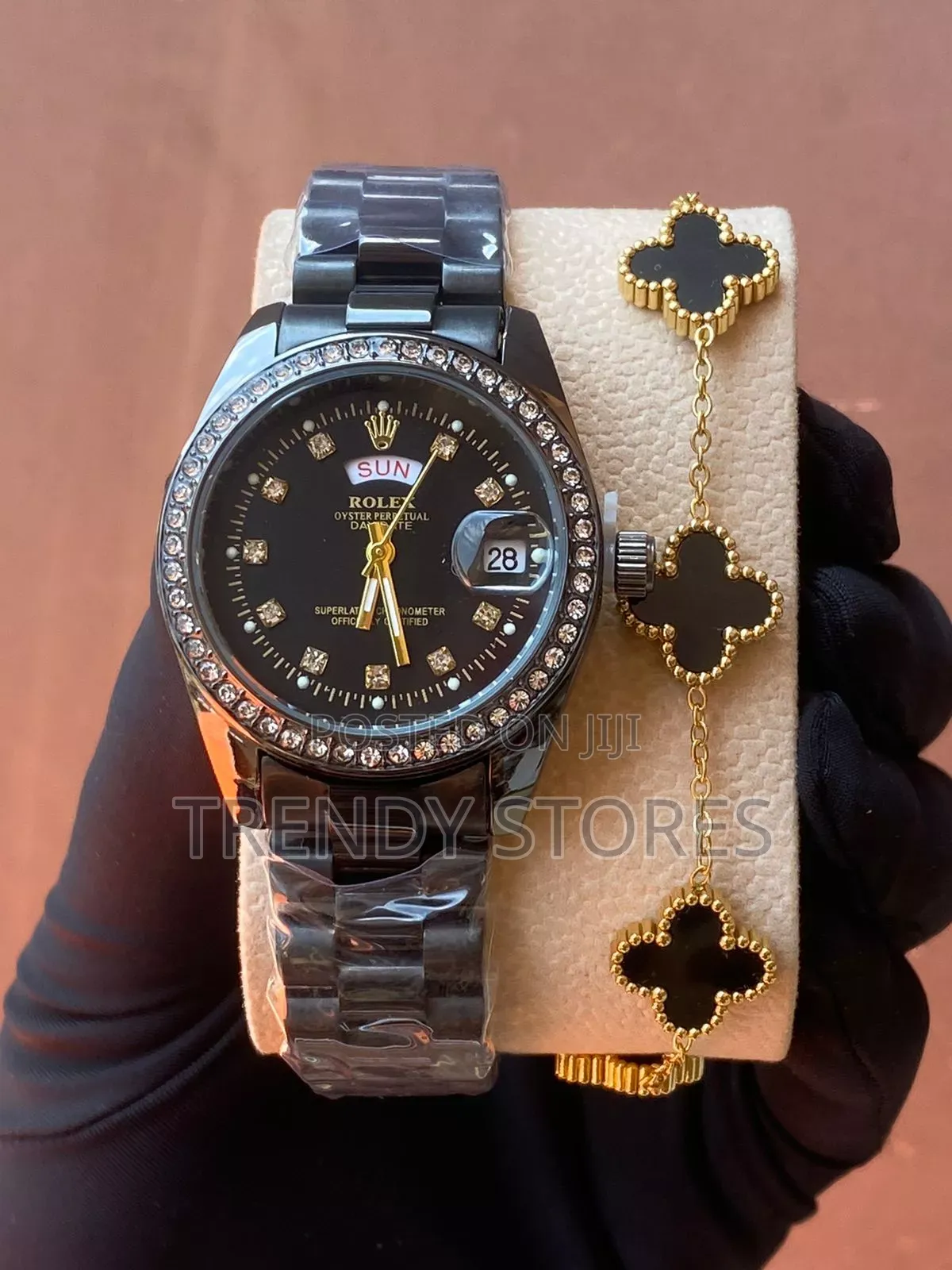 Iced Rolex Ladies Watch With Black Bracelet