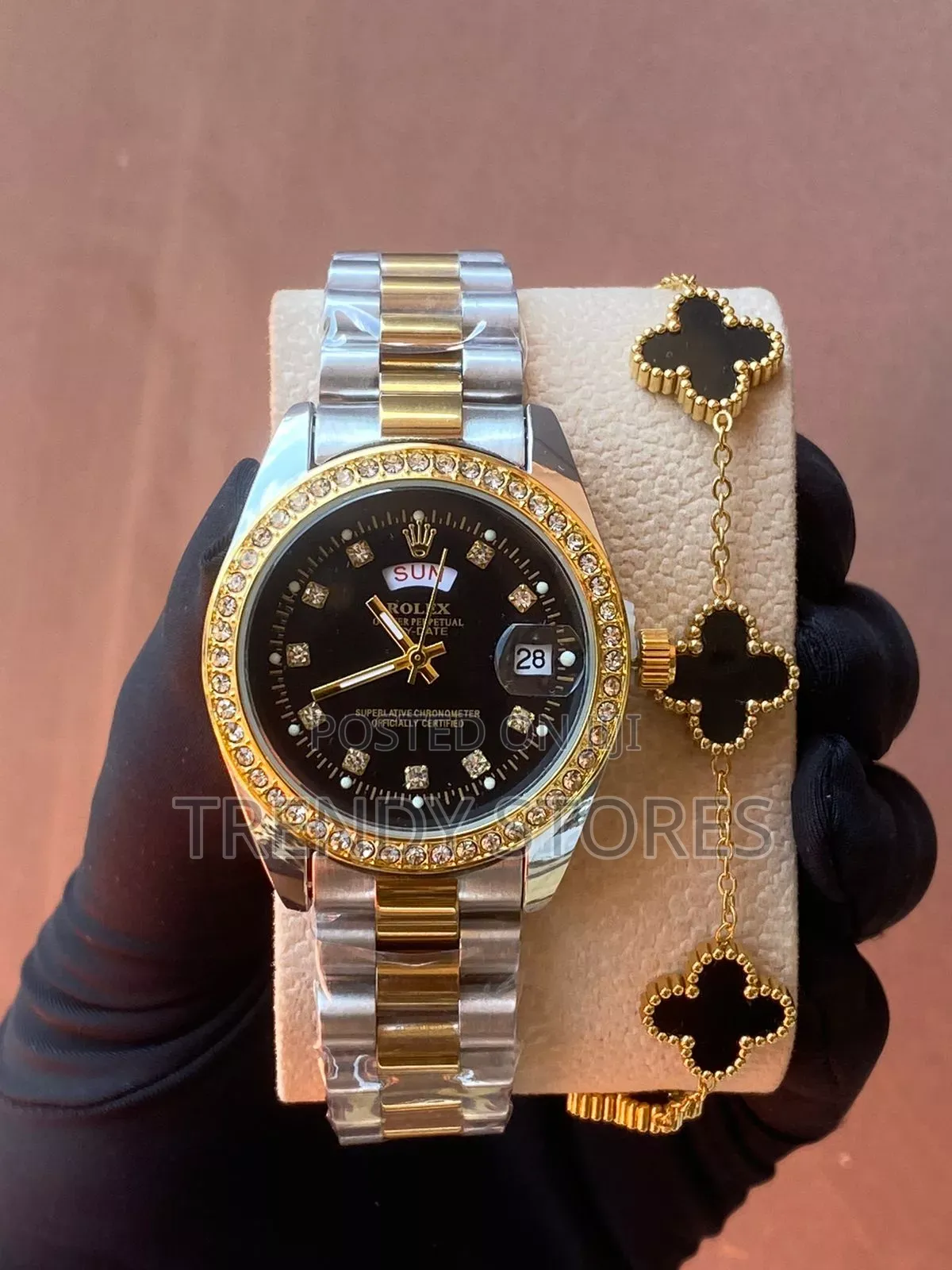 Iced Rolex Ladies Watch With Black Bracelet