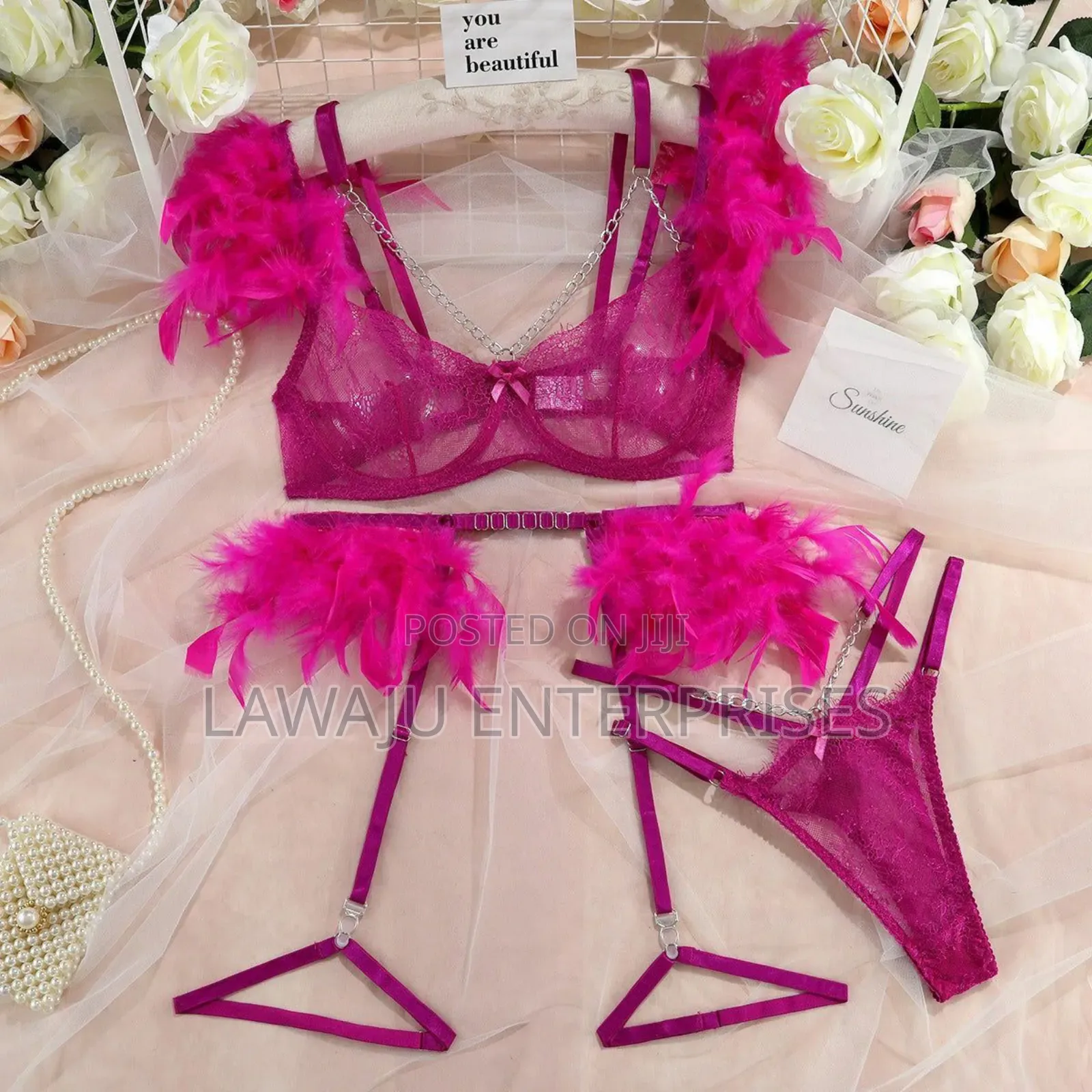 Hot Pink Lace Feather Lingerie
