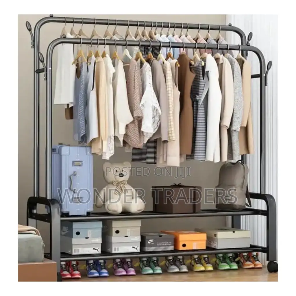 Double Pole Clothing Rack With Wheels and Shoe Rack*