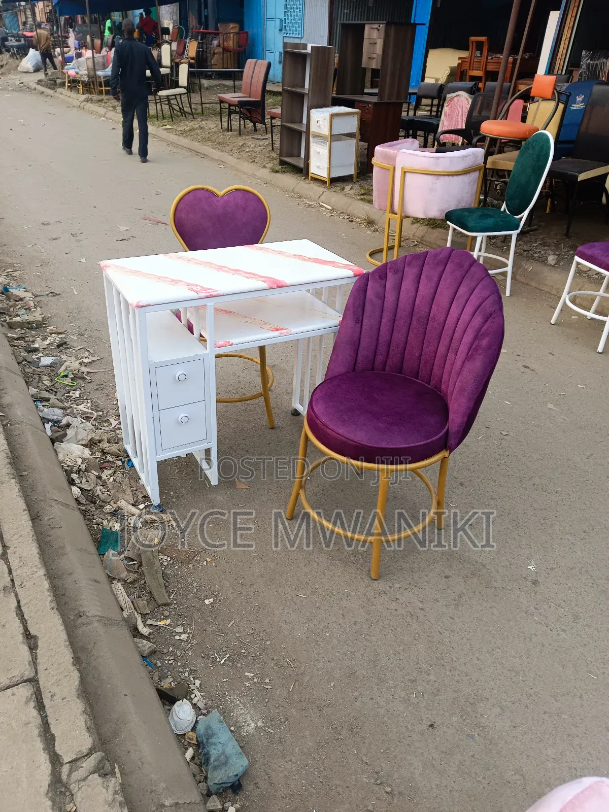 Manicure Set, Marble Table and 2 Purple Seats.