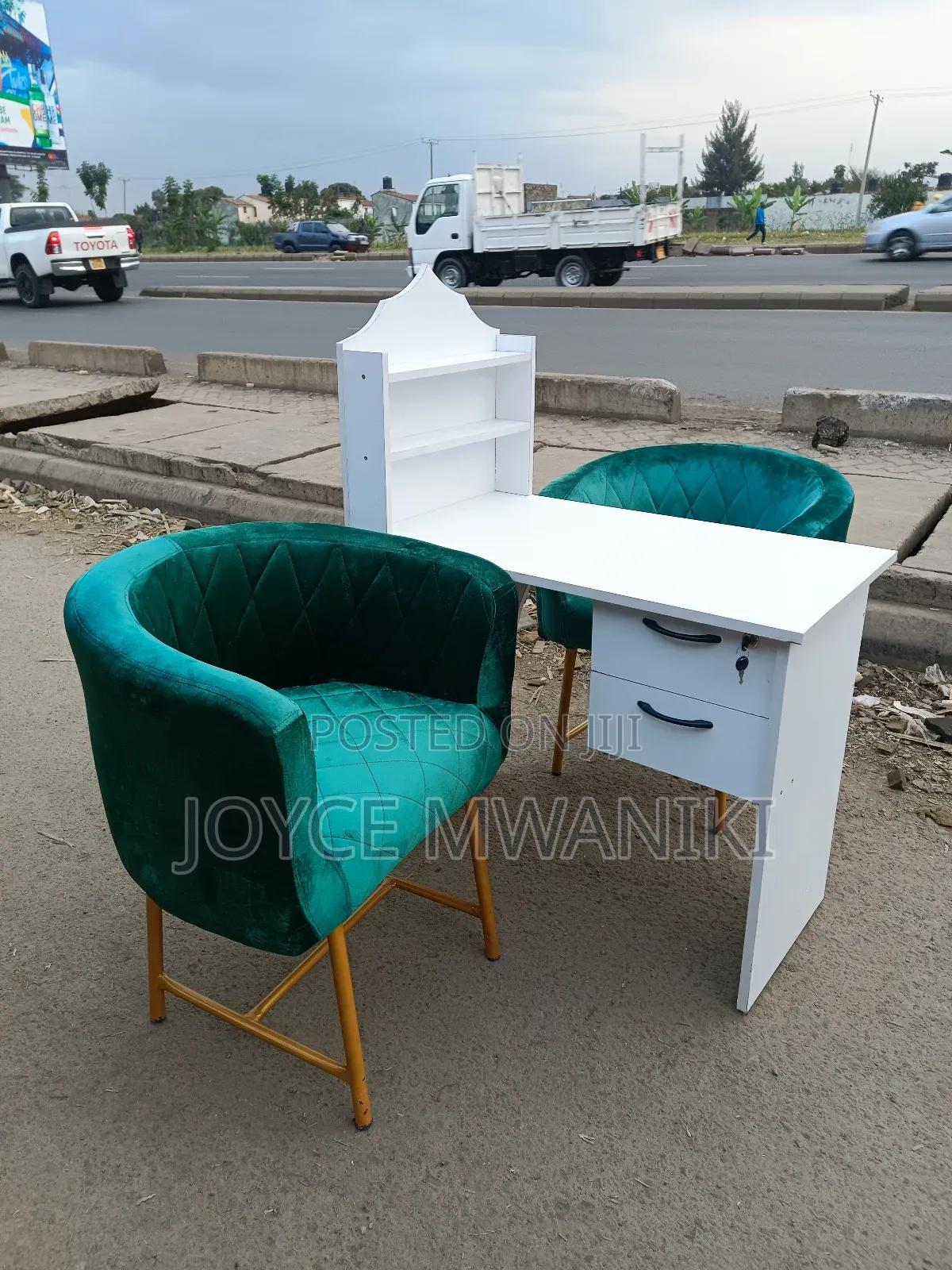 Manicure Set, Green Seats and a White Table 