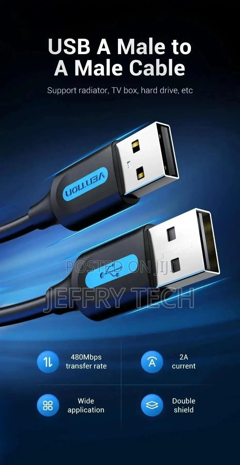 Vention USB 2.0 A Male To A Male Cable 1M Black PVC Type