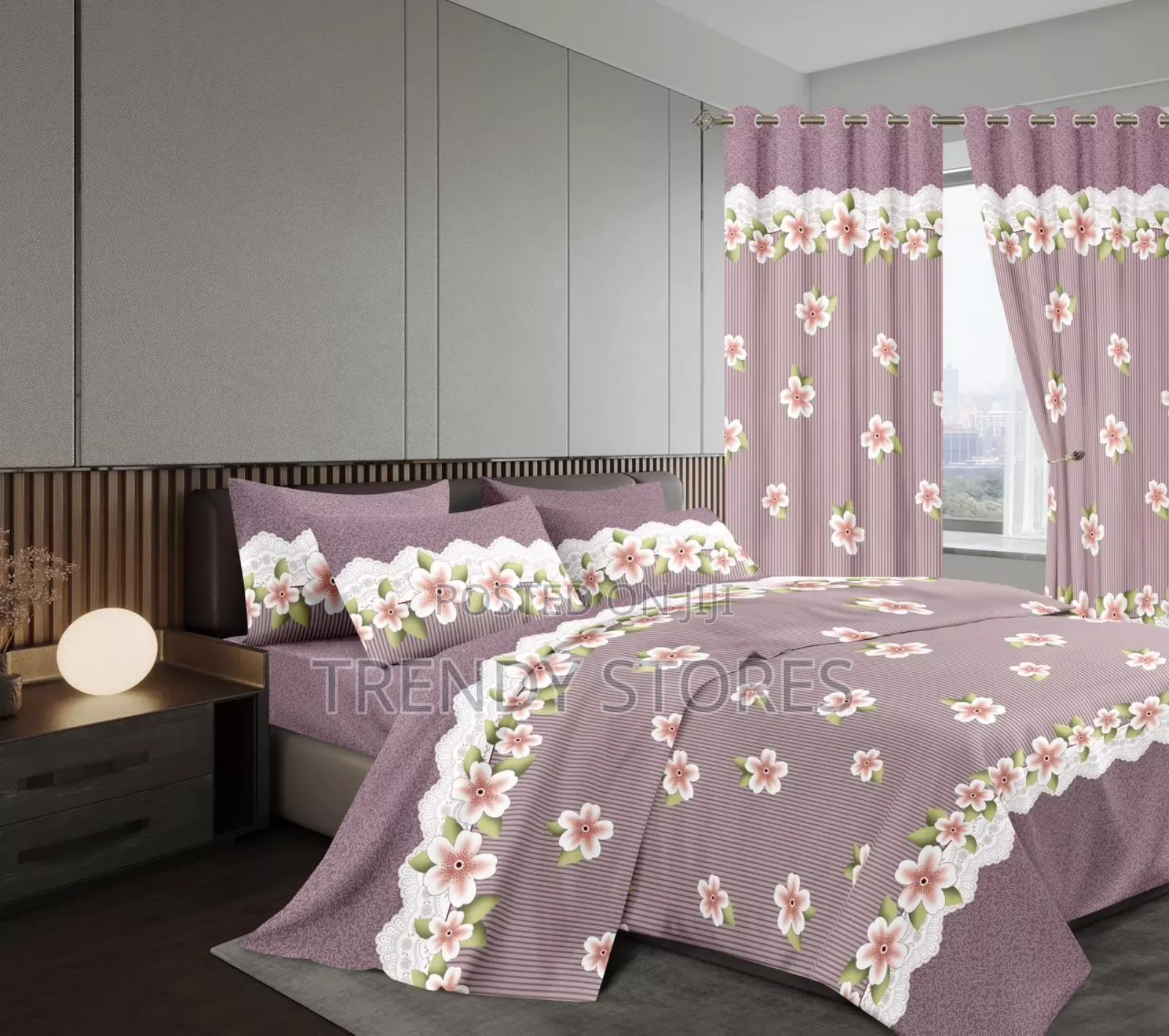Pink 7 Pc Cotton Duvet Set With Curtains