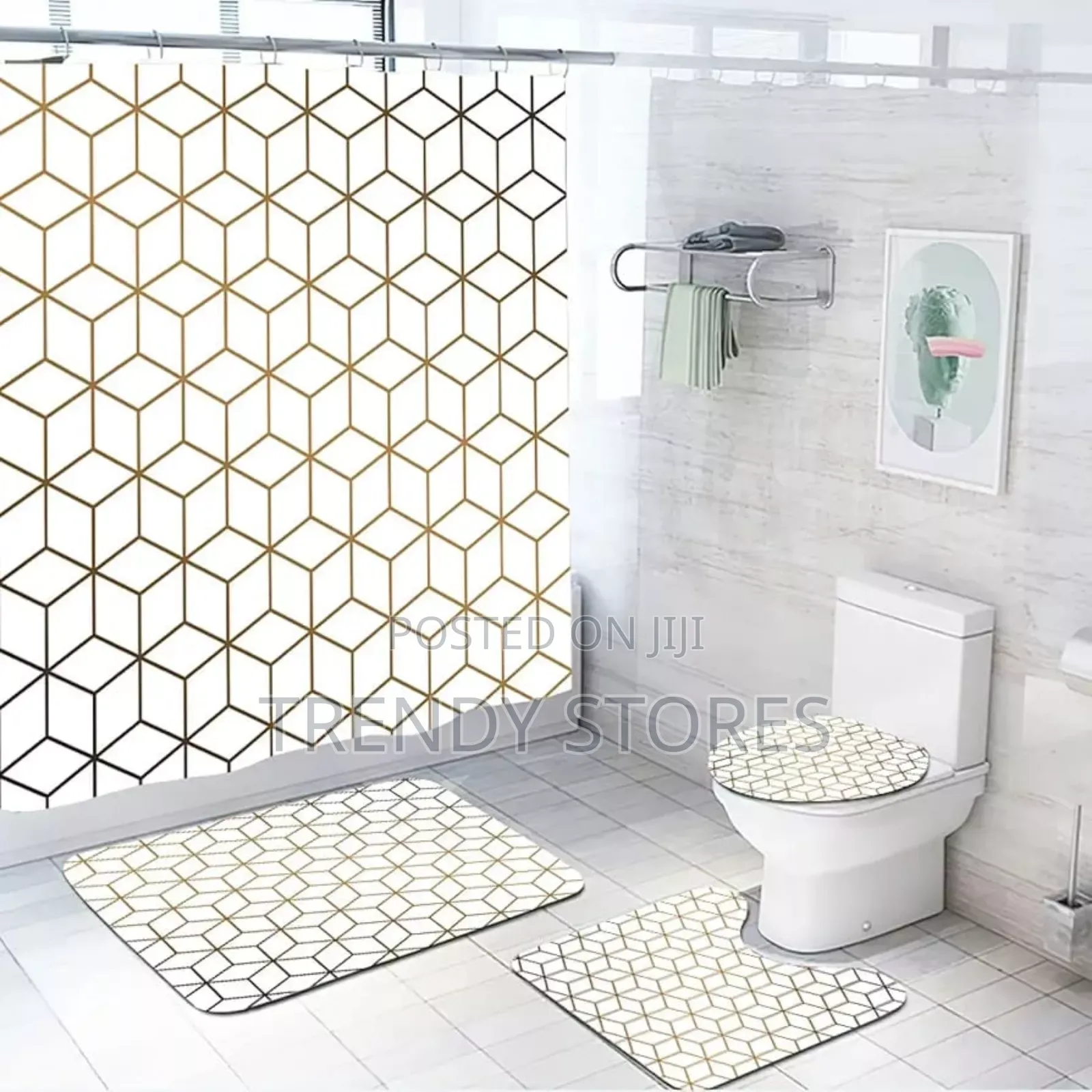 White Gold 4 In 1 Shower Curtain Set