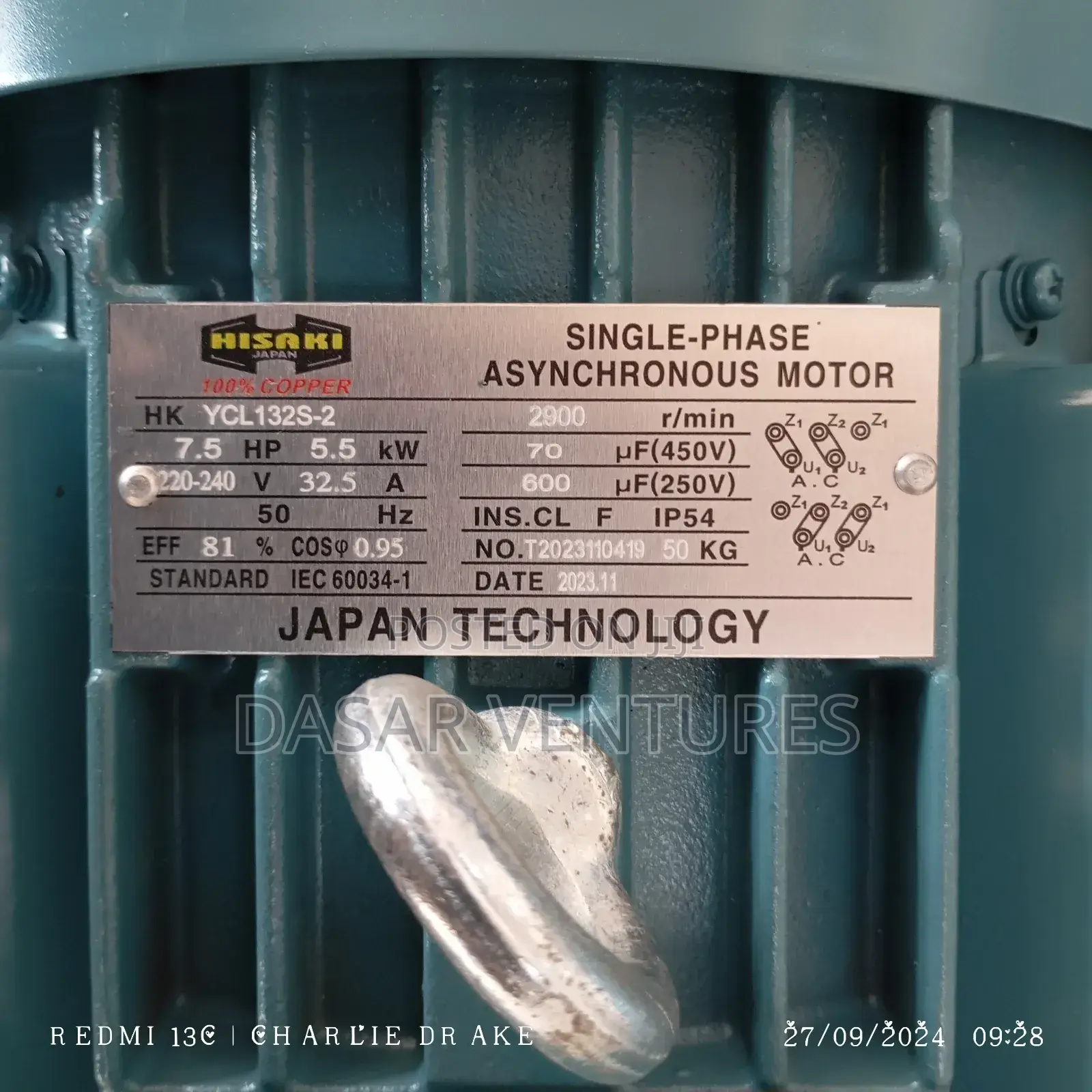 7.5hp Motor ,High Speed , Single Phase, Hisaki Japan