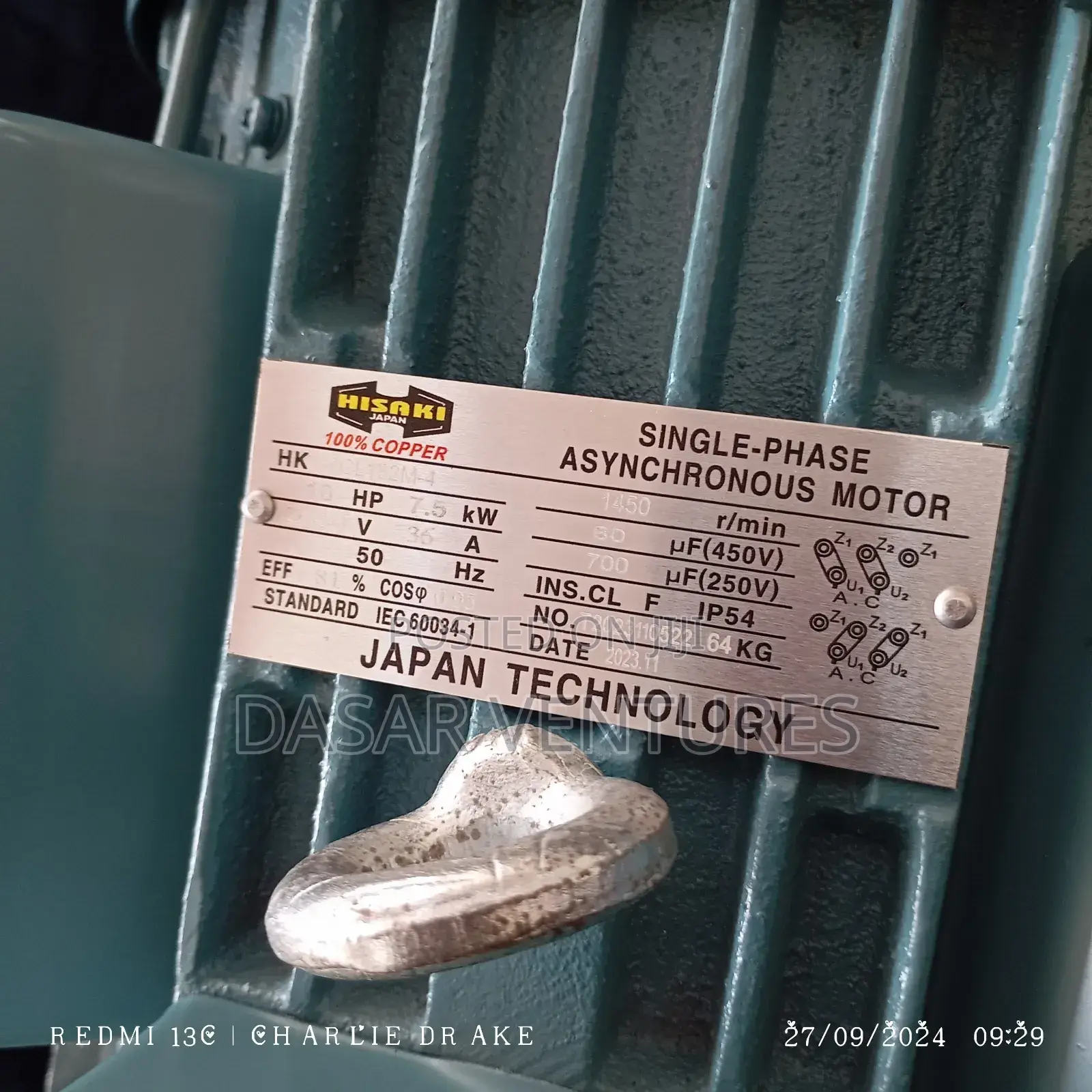 10hp Motor, Single Phase Low Speed ,Hisaki Japan
