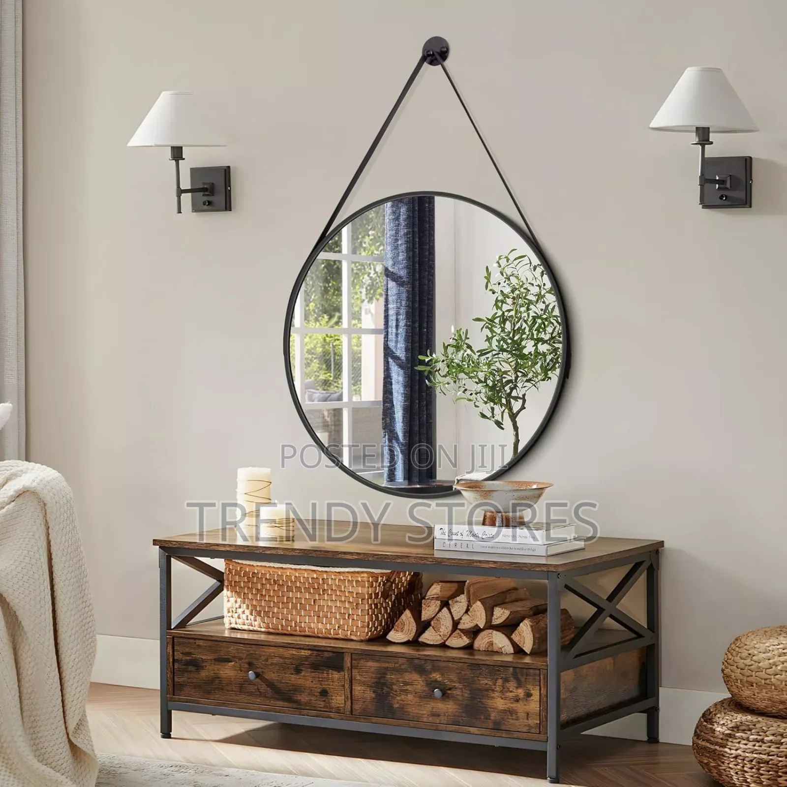 Black Round Hanging Mirror With Straps