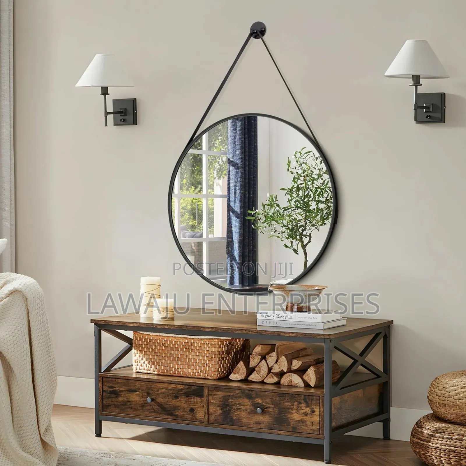 Black Round Mirror With Hanging Strap