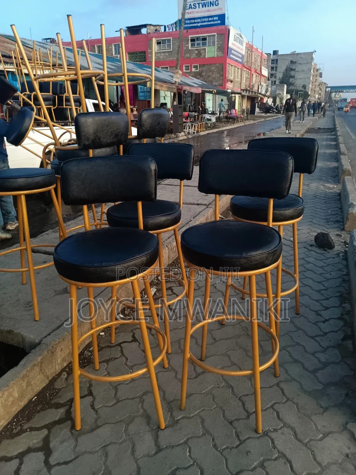 Kitchen Stools or Bar Stools, Black Leather and Gold