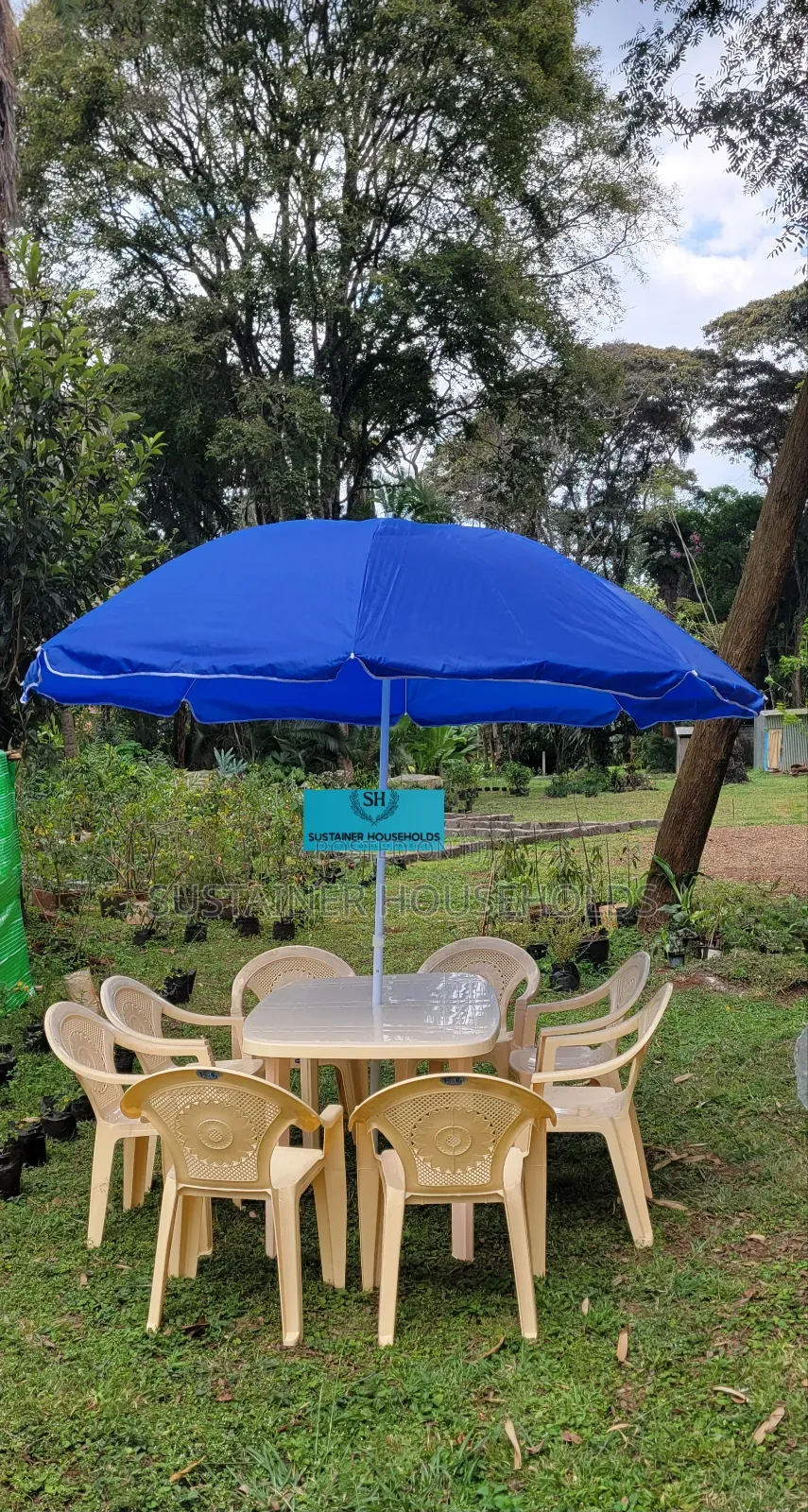 Garden Umbrella, Plastic Chairs and Plastic Table Set