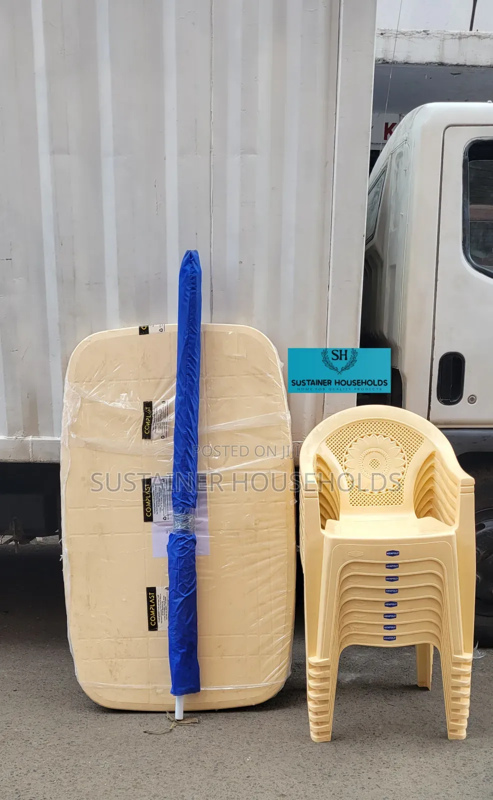 Plastic Table, Plastic Chairs, Garden Umbrella