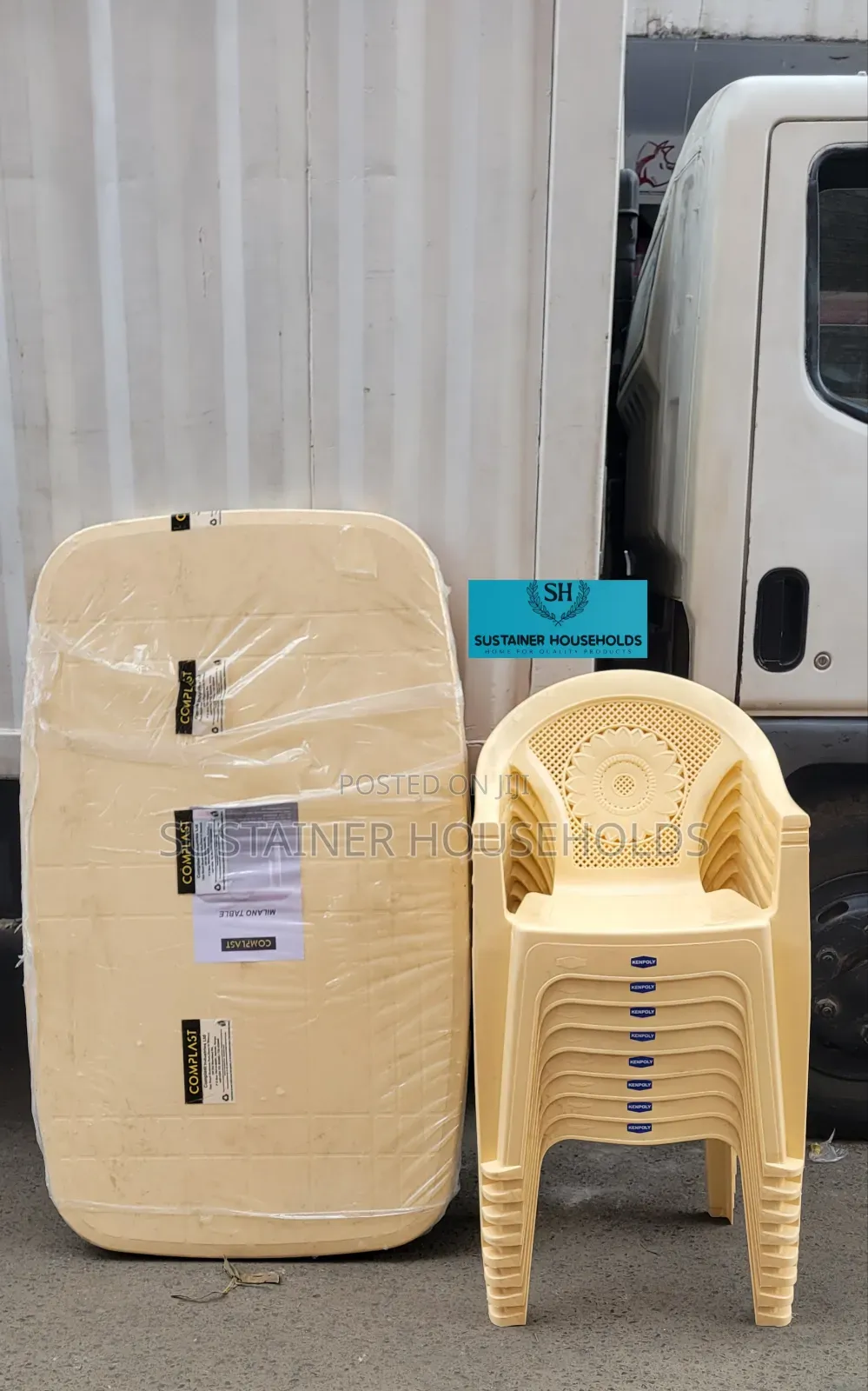 Complast Rectangular Plastic Table, Kenpoly Plastic Chairs