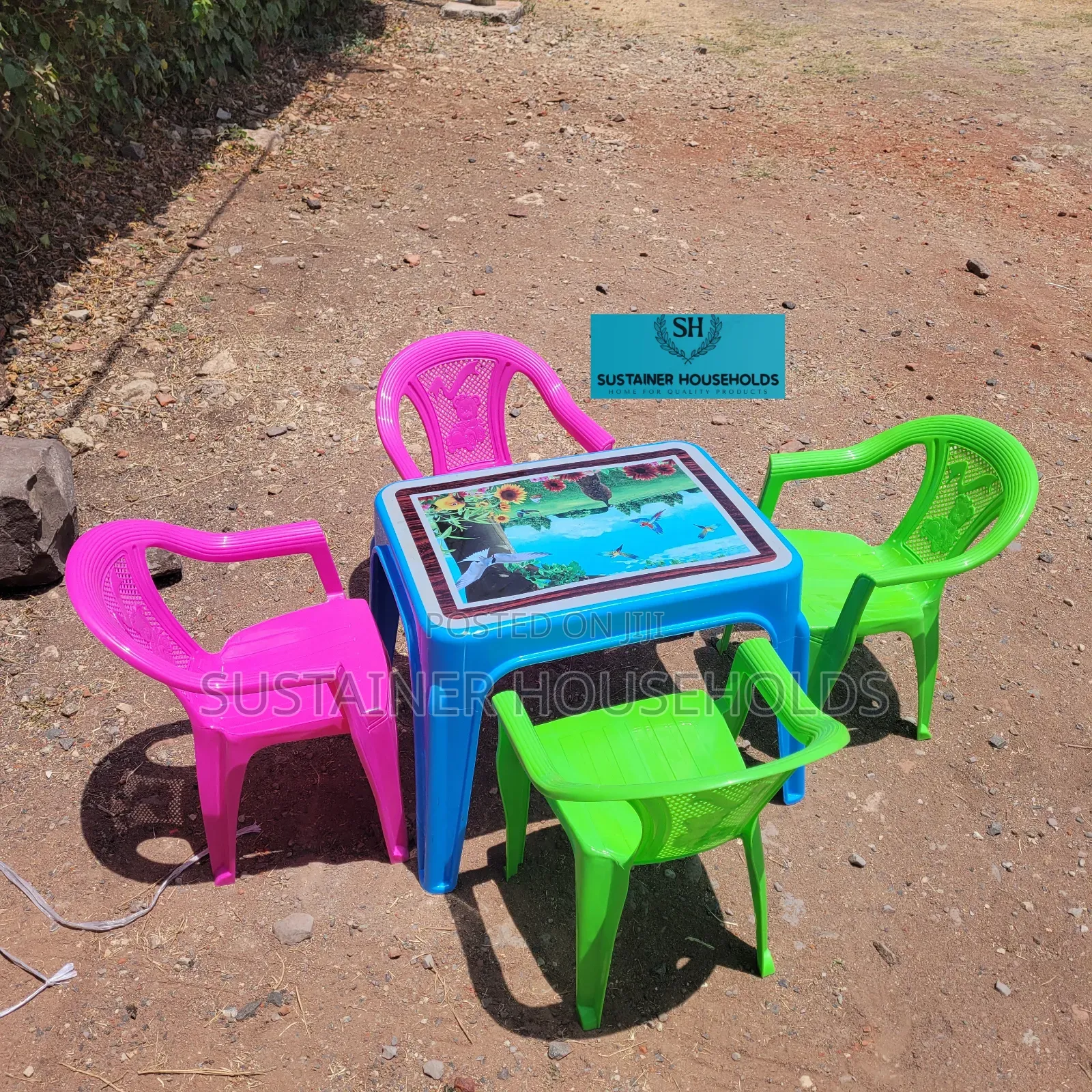 Pink,Green and Blue Plastic Chairs and Chairs Set