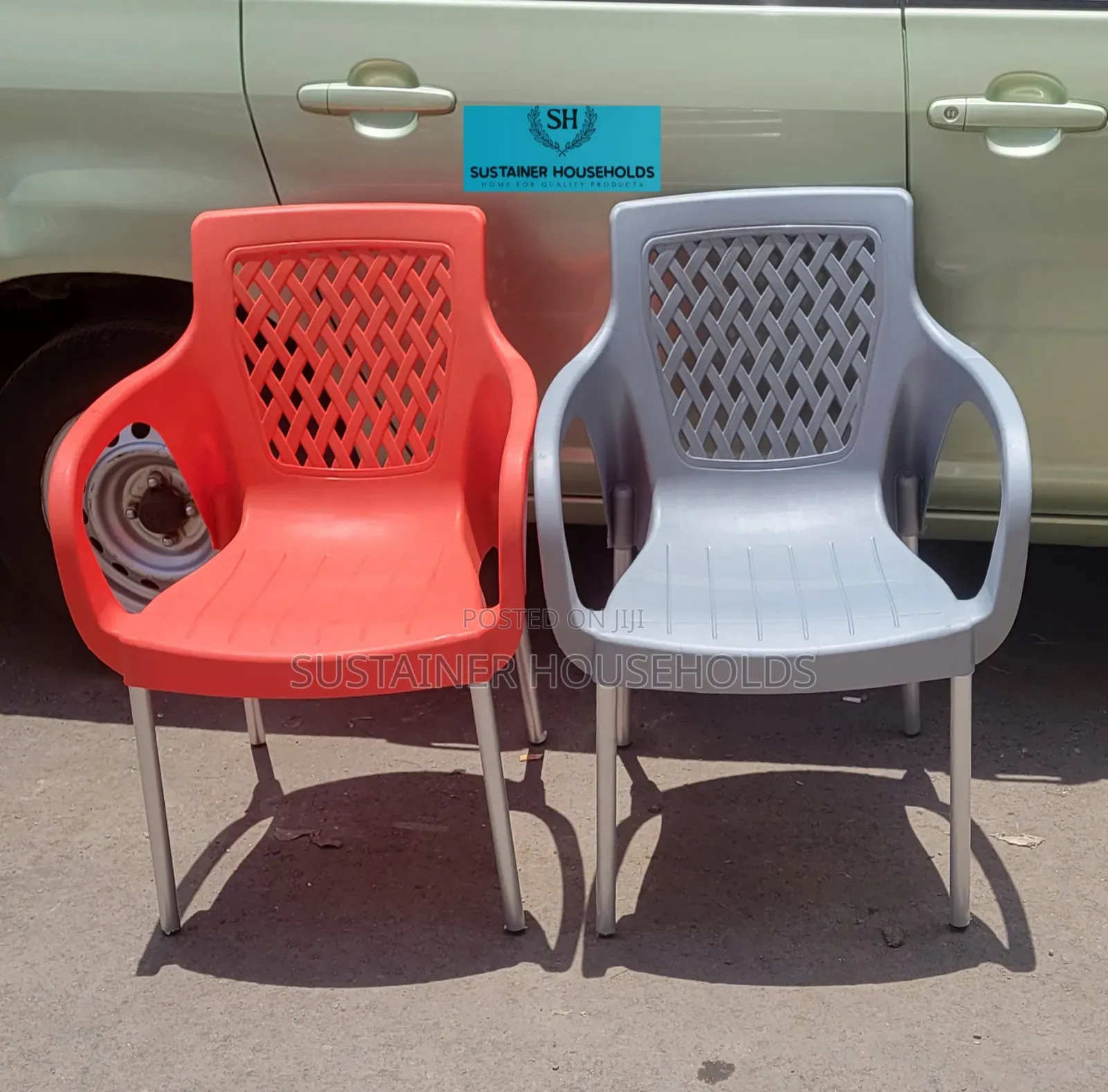 Red, Gray Complast Plastic Chairs With Metal Tubing Legs