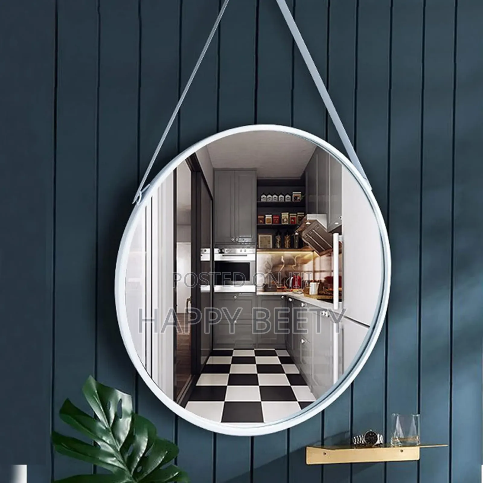 *Round Hanging Mirror With Strap Decorative Wall Mirror 60cm