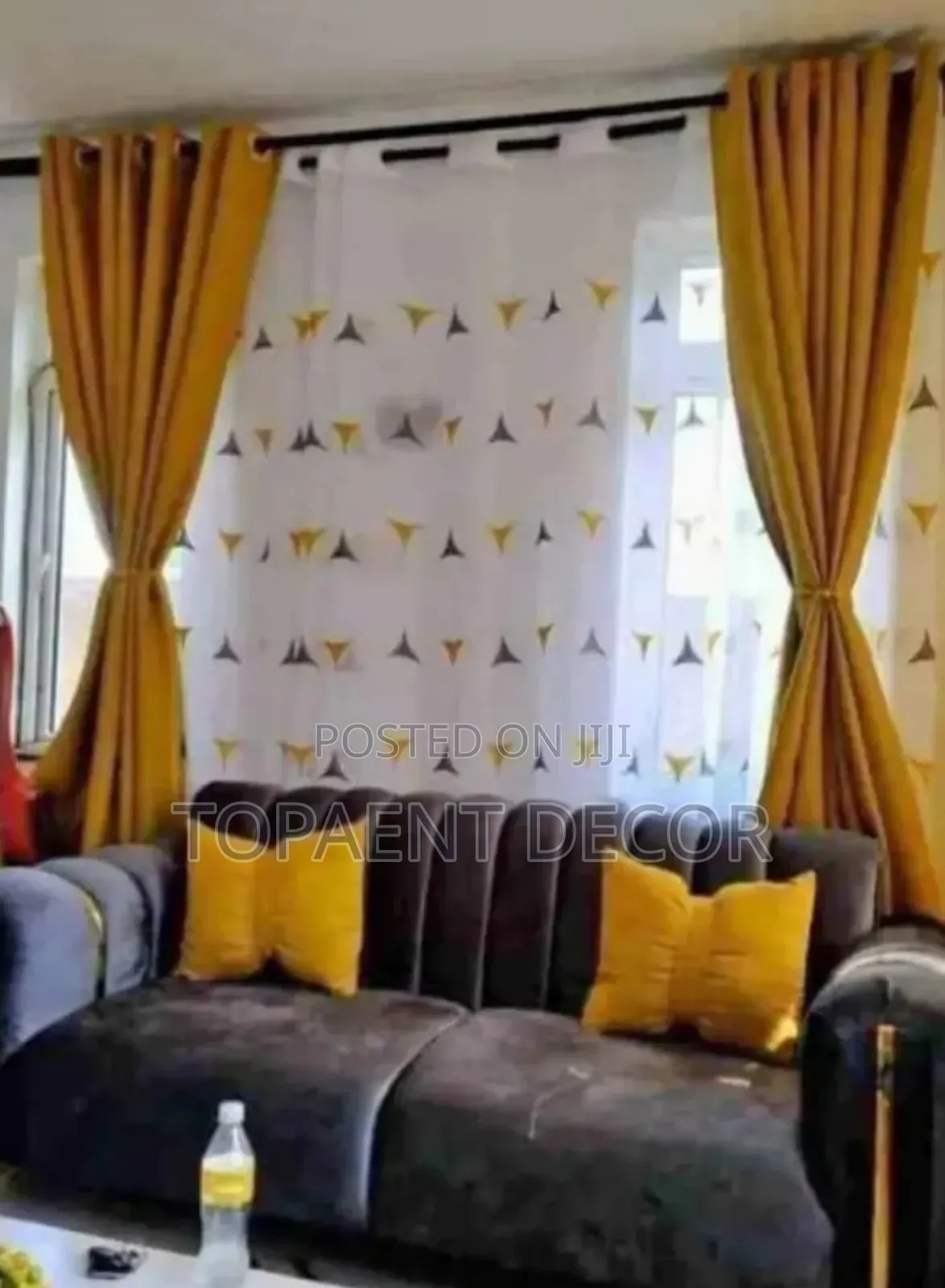 Yellow Window Curtains and White Patterned Sheers