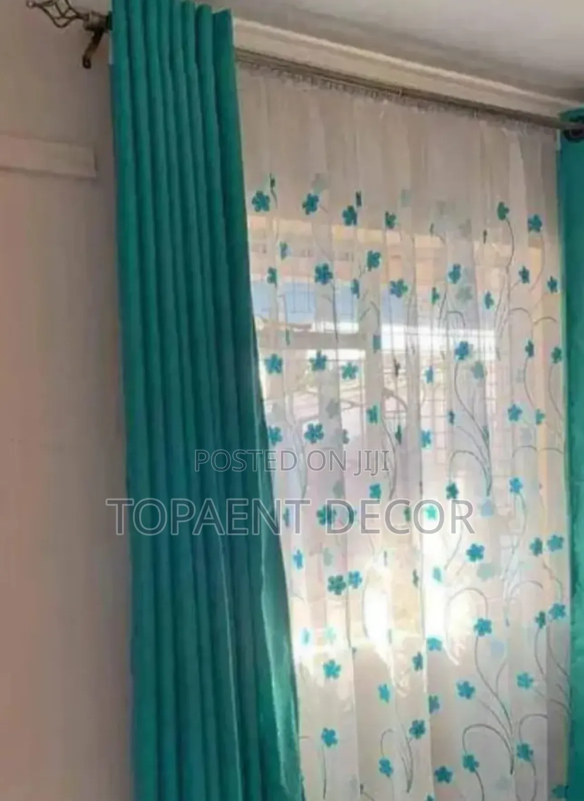 Green Window Curtains and Flowered Green Sheer
