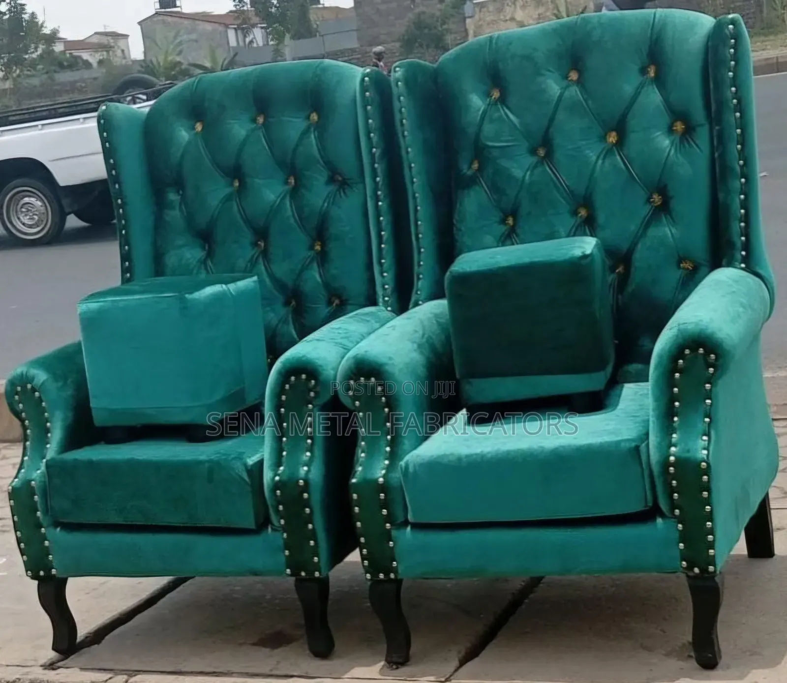 Salon King Size Chairs Are Green in Colour With 2 Poufs.