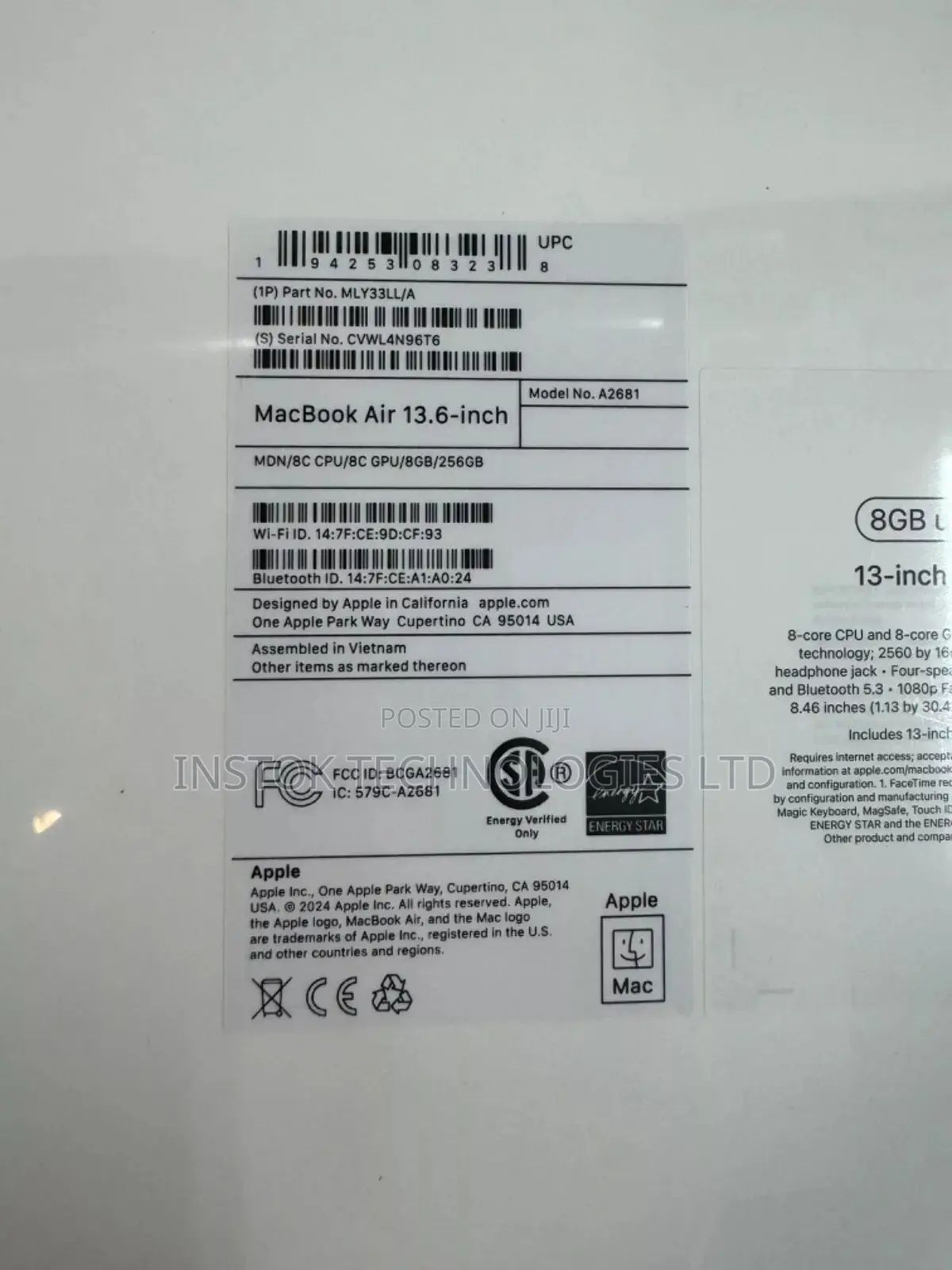New Laptop Apple MacBook Air 2022 M2 8GB Apple M2 SSD 256GB