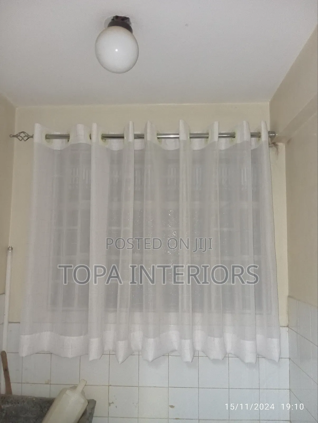 Short Window White Sheers With Pink Stripes