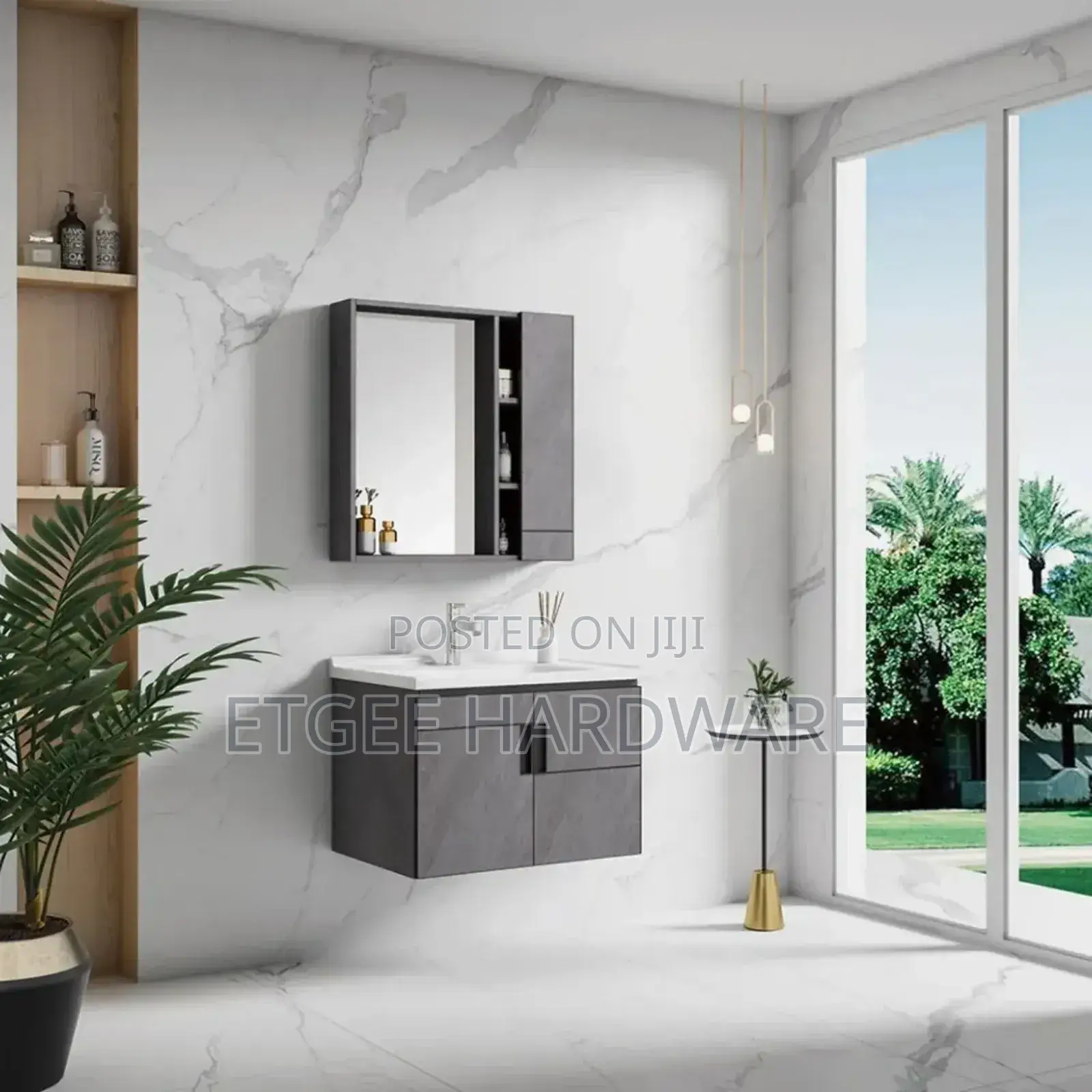 Grey Wall Hung Cabinet With White Basin and Mirror Cabinet