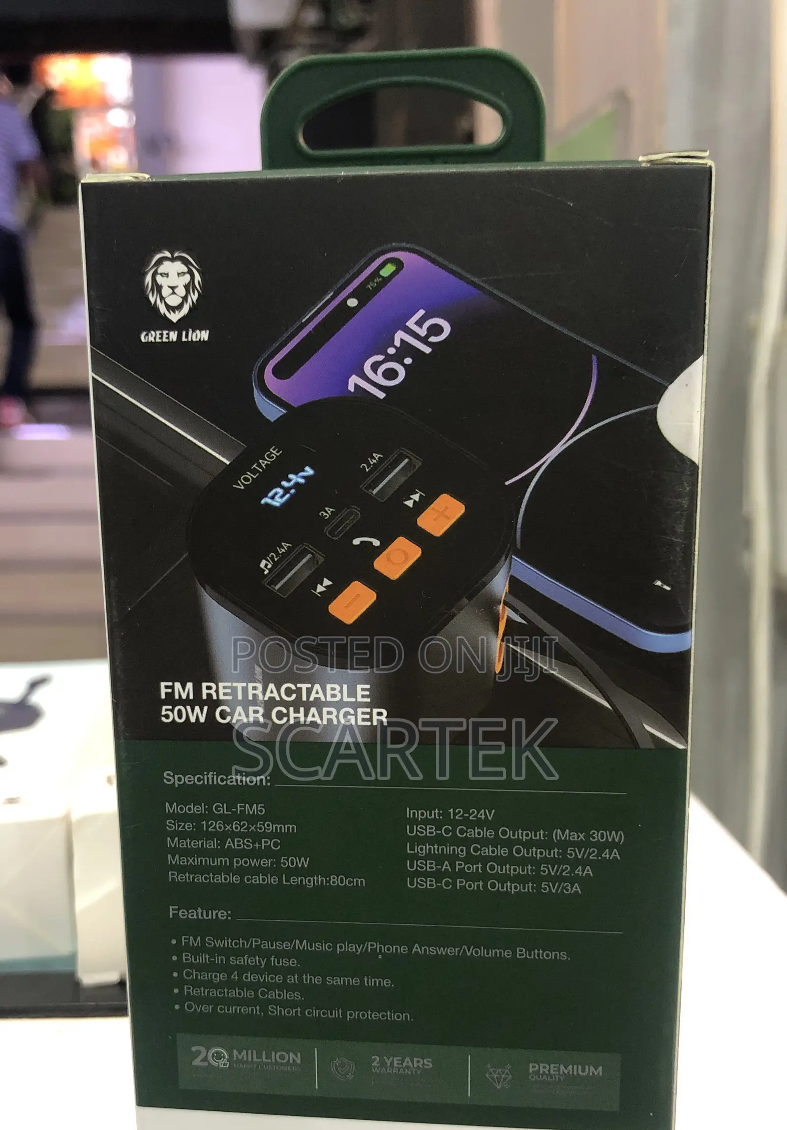 Fm Retractable 50W Car Charger