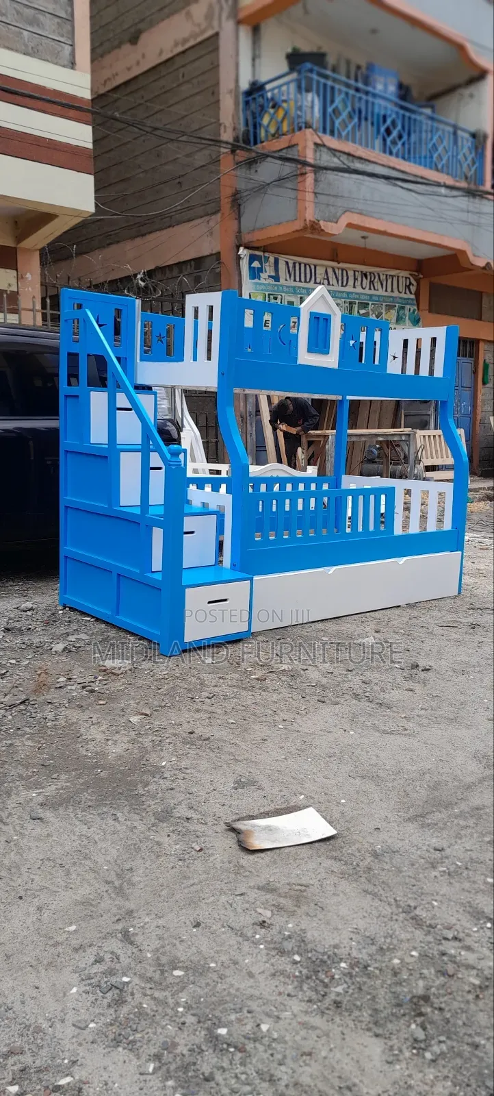 Blue and White Kids Double Decker Bed