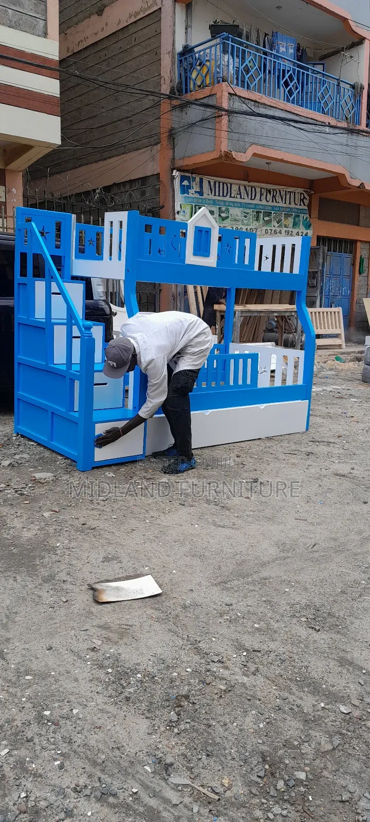 Blue and White Kids Double Decker Bed