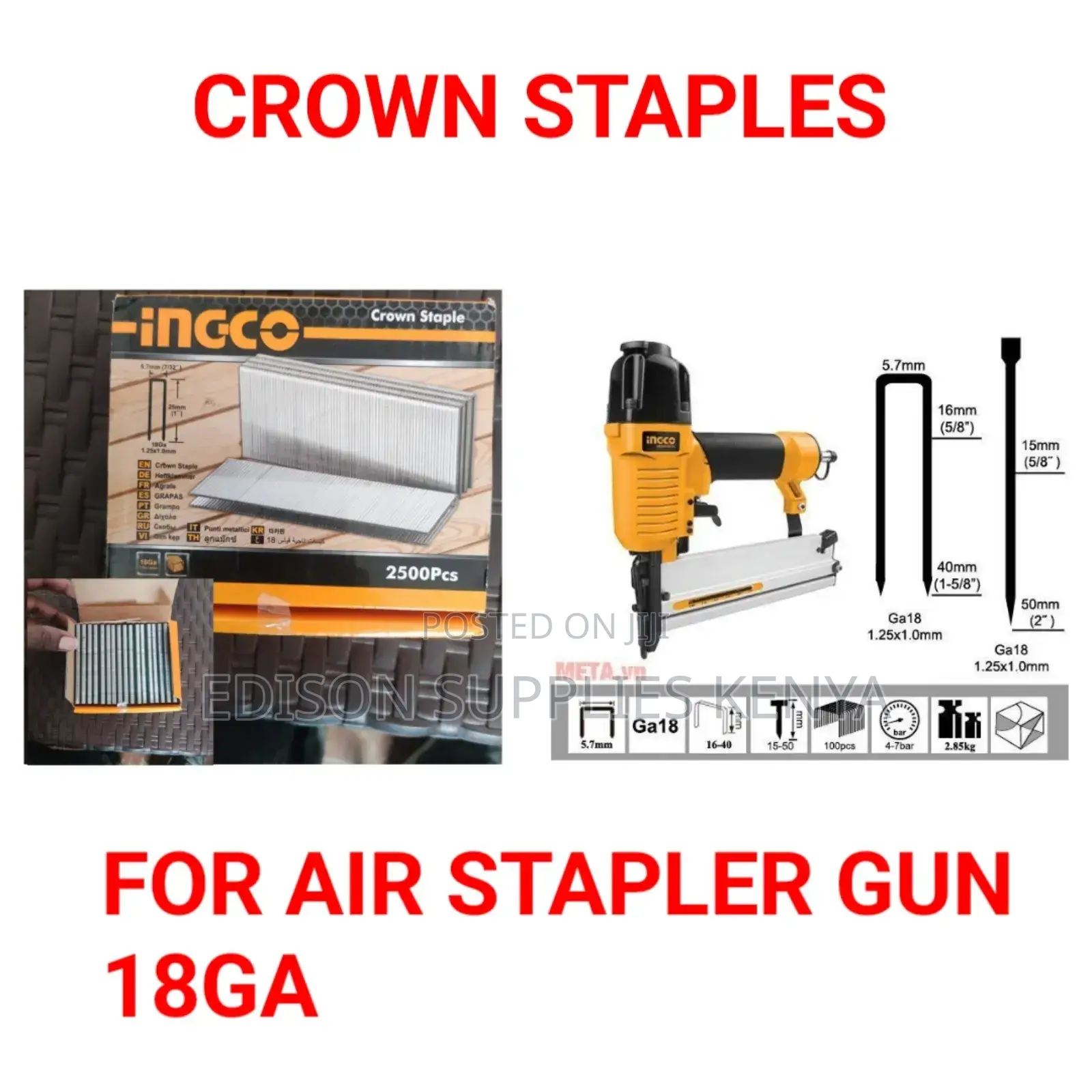 Ingco Crown Staples Pins for Air Stapler Guns 18GA 25mm/40mm