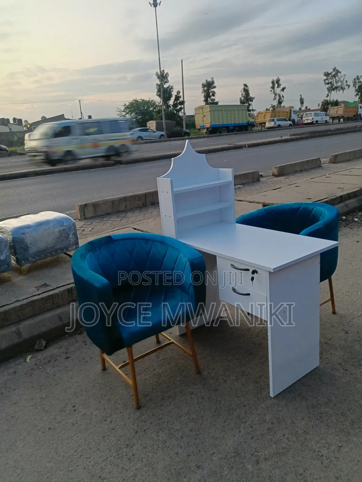 Manicure Set, White Table, Blue Seats.
