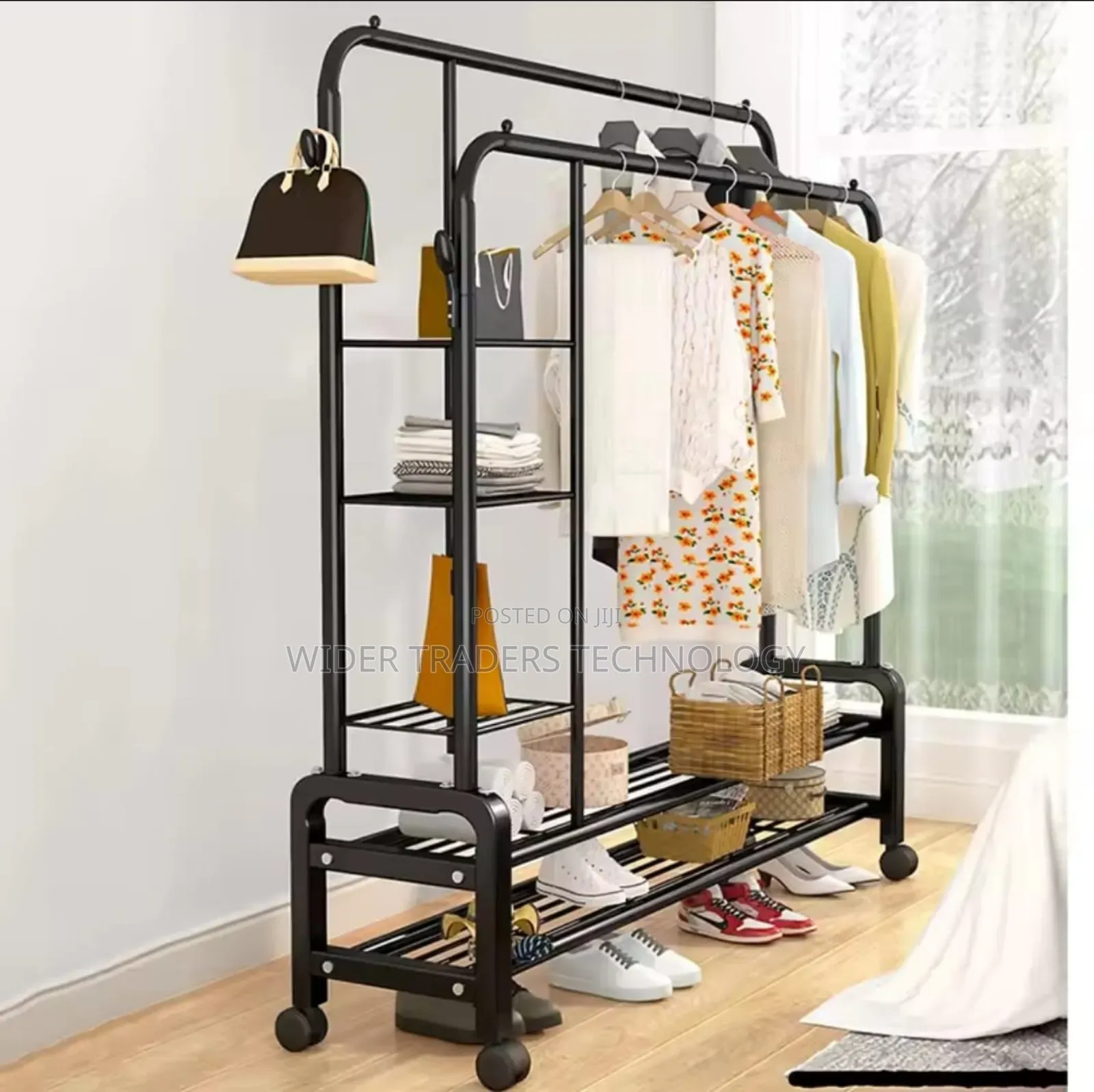 Double Layer Garment Rack Floor Standing Clothes