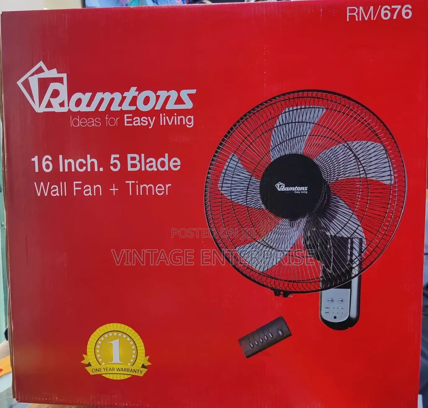 Ramtons 16' Wall Fan 5 Blades With Remote