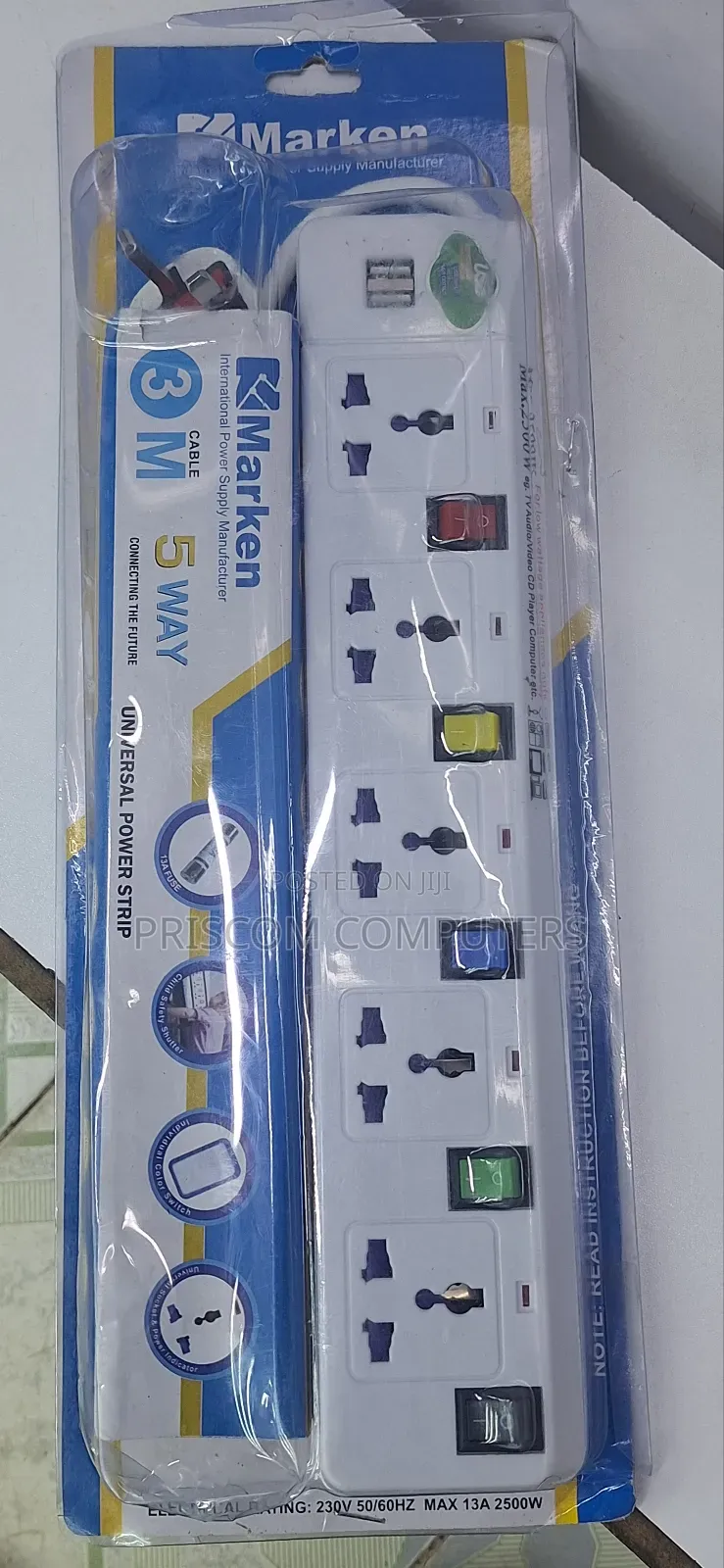 2500W Power Extension for TV,Computer,Fridge 3M 5 Way Marken